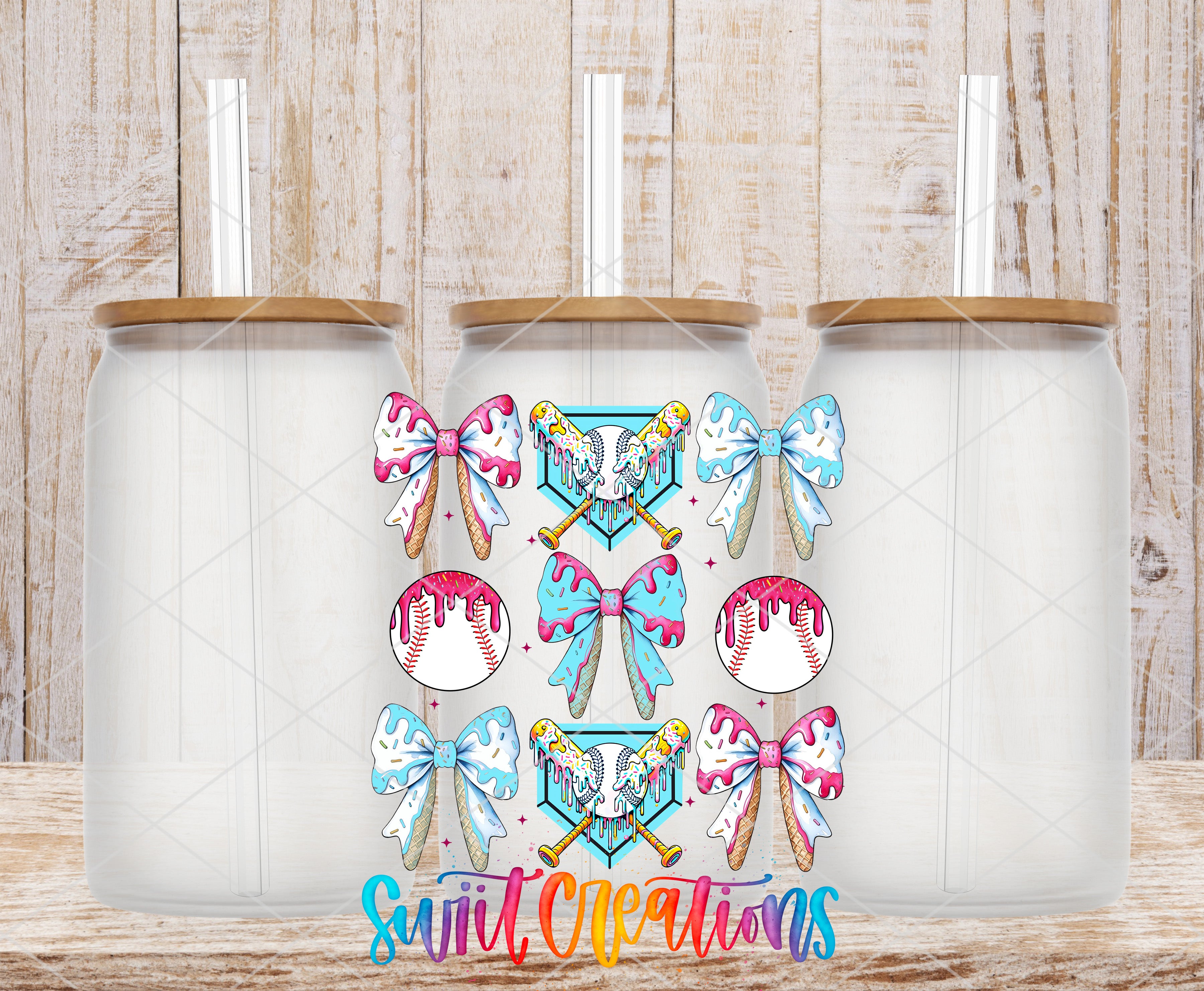 three clear glass jars with lids, each adorned with a bow and baseball-related illustrations. The background is a wooden wall with a textured appearance.