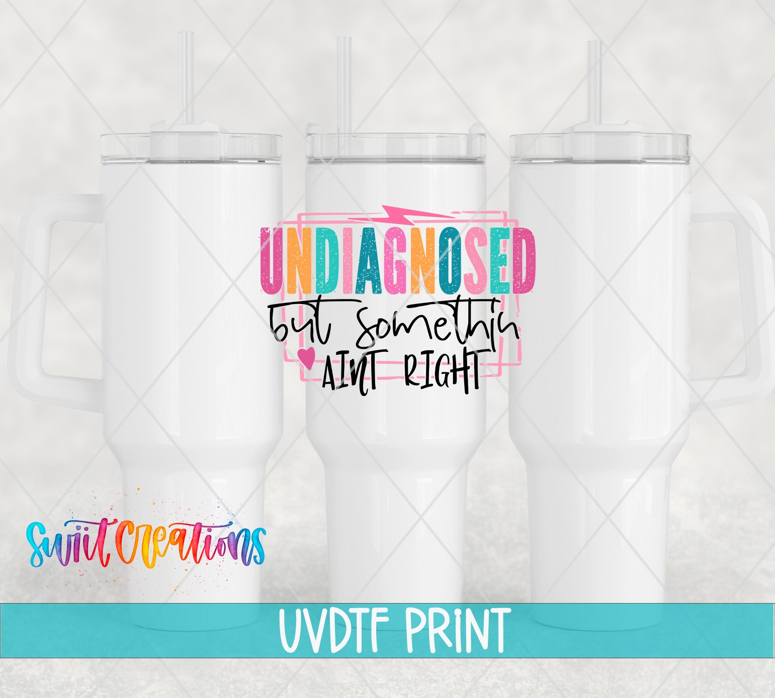 three white tumblers with colorful text and graphics printed on them.