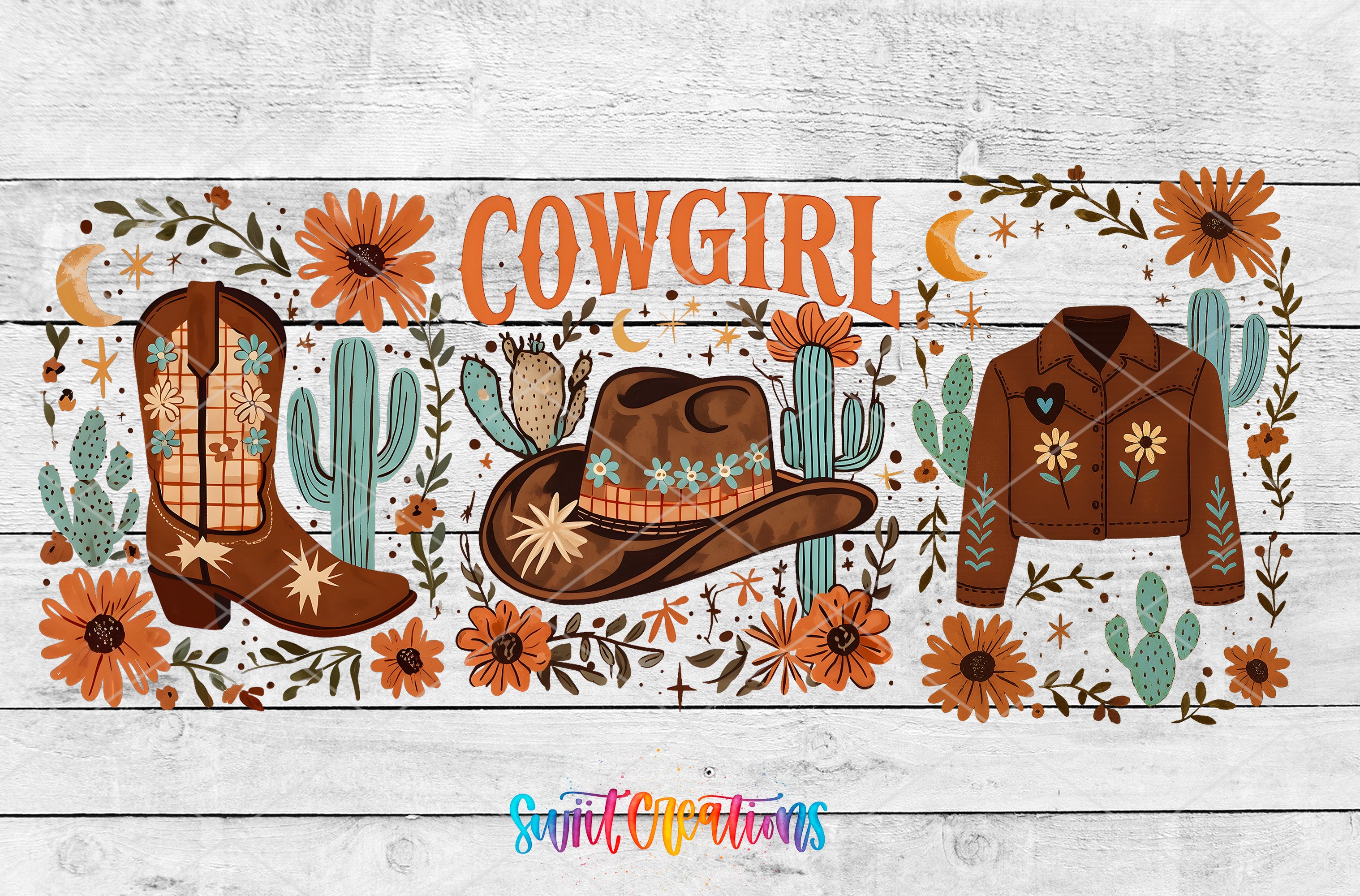 The image is a collage featuring various western-themed elements, including cowboy boots, a jacket, a hat, cacti, and flowers. The word "COWGIRL" is prominently displayed in the center of the image.