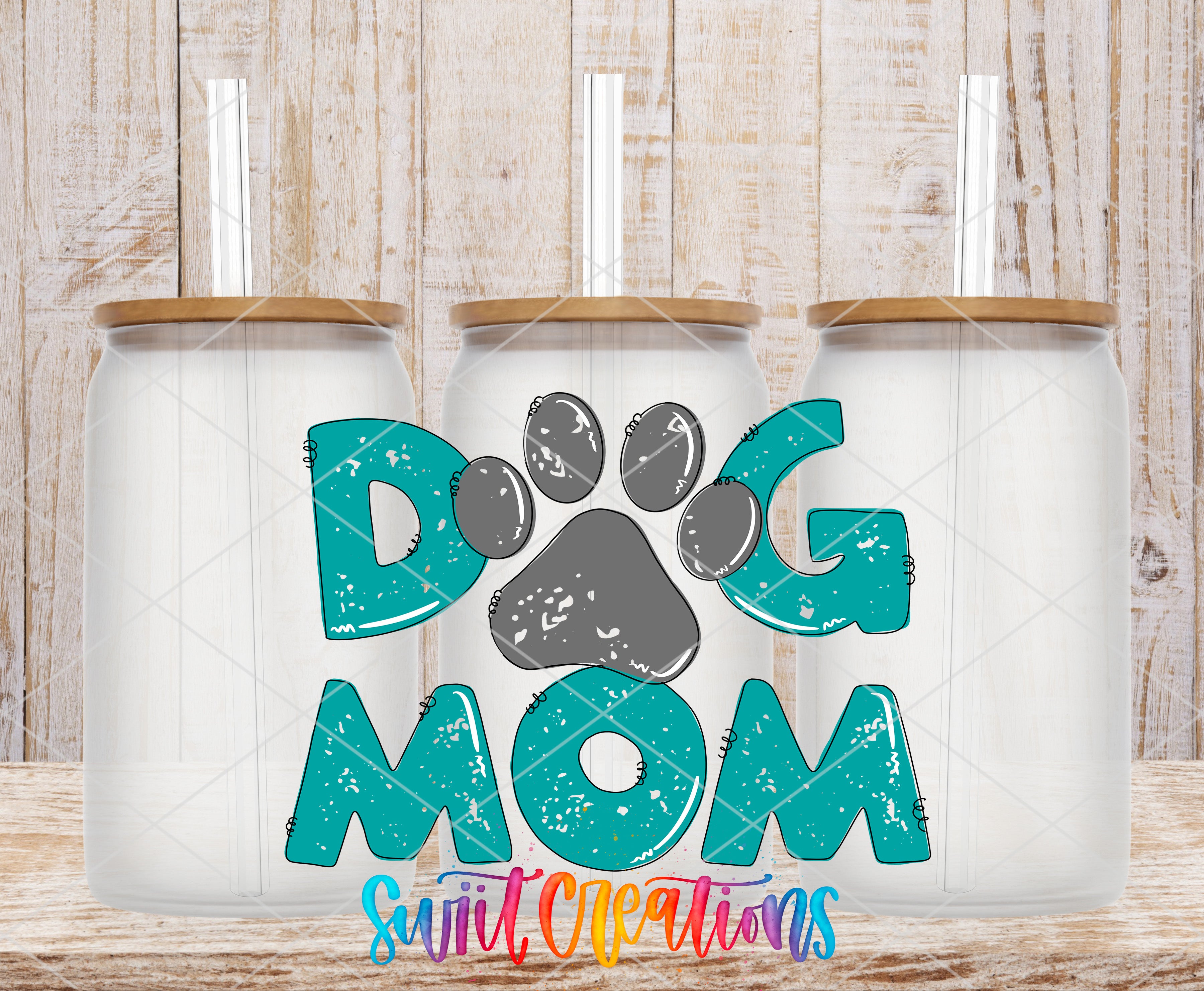 A collage of three glass jars with lids, each containing a straw, and the text "DOG MOM" prominently displayed in the center.