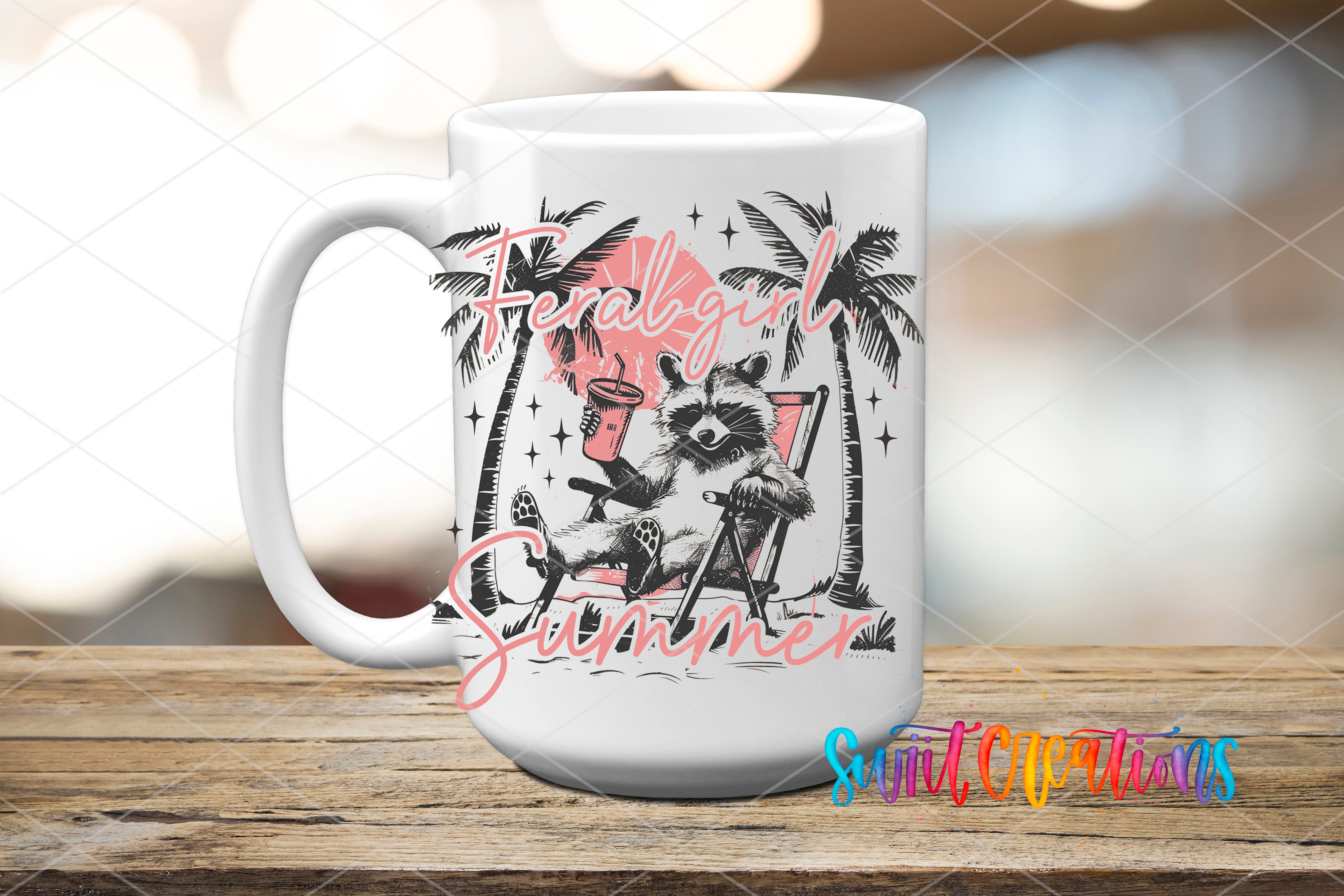 A white mug with a graphic design featuring a raccoon sitting in a chair under palm trees, with the text "Feral Girl Summer" written on it.