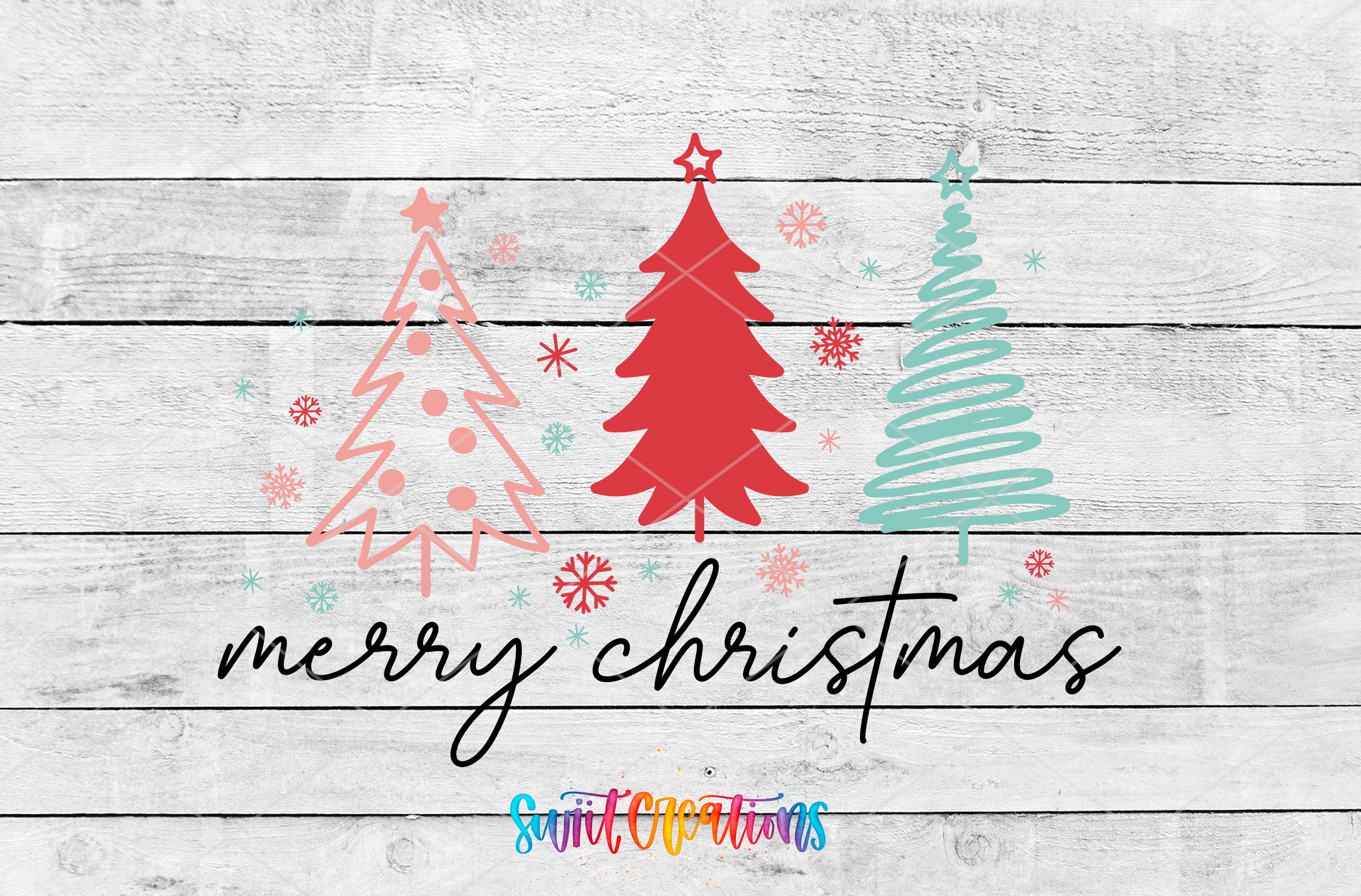 a festive Christmas scene with three stylized Christmas trees in different colors - red, green, and pink - along with snowflakes and the text "merry christmas" written in a cursive font.