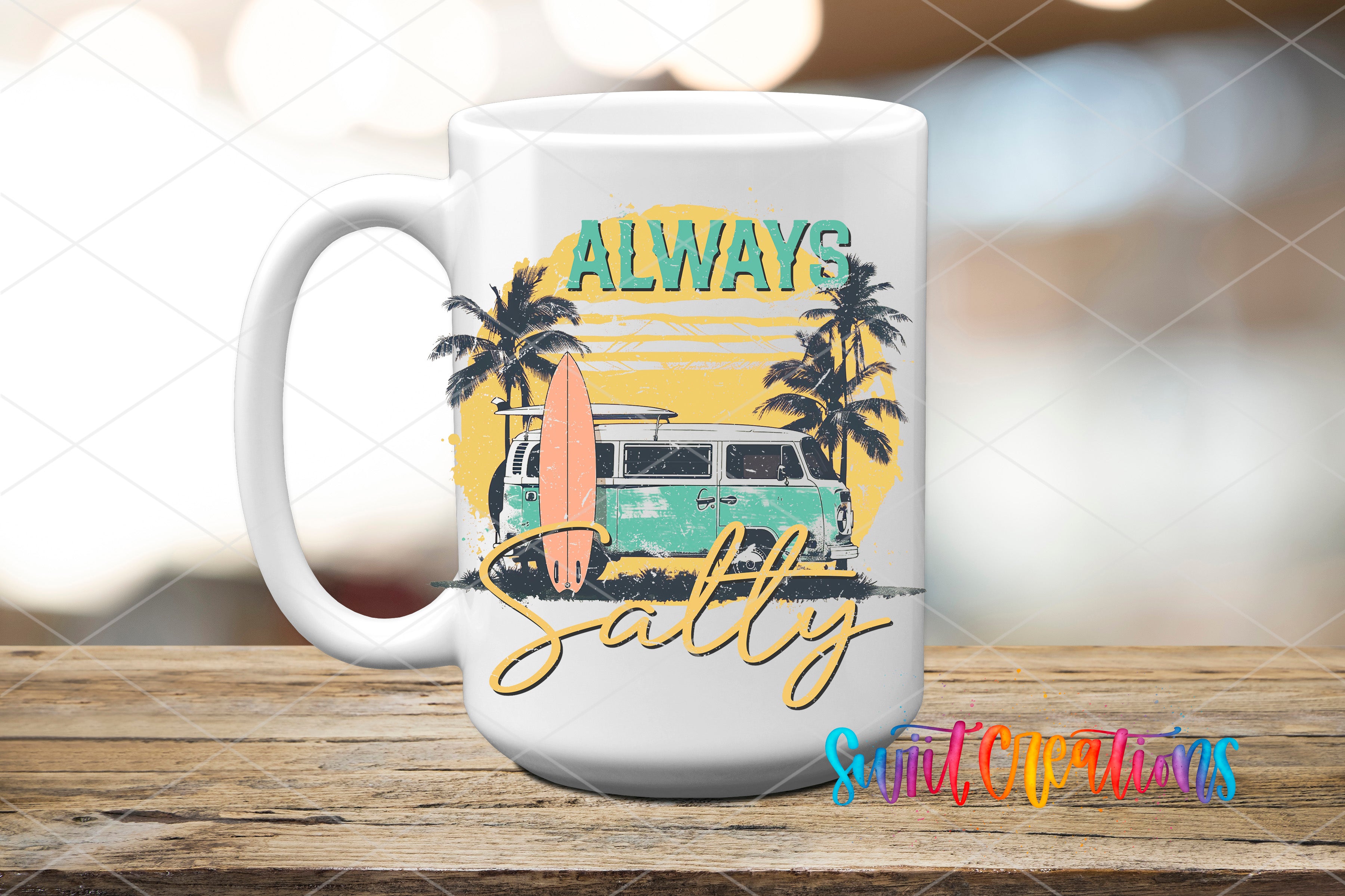 A white mug with a graphic design featuring a surfboard, palm trees, and a van, along with the text "ALWAYS Sally" and "Suitcase Creations" printed on it.