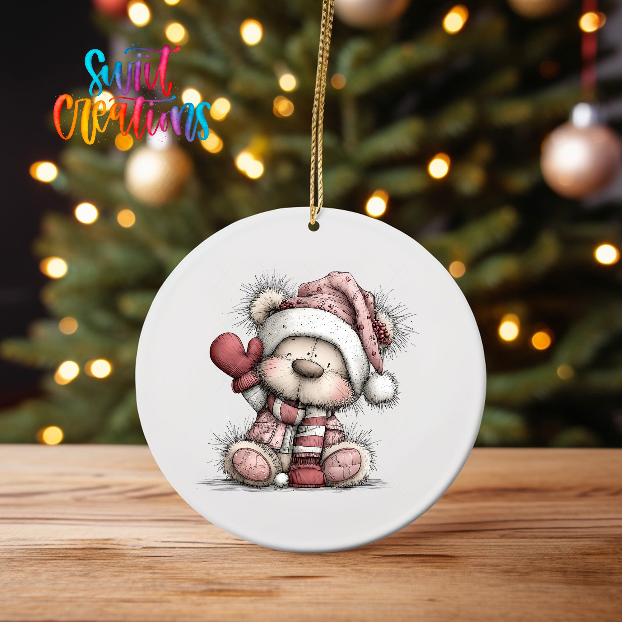 A white ceramic ornament featuring a teddy bear wearing a Santa hat and scarf, sitting on a wooden surface with a blurred background of Christmas lights.