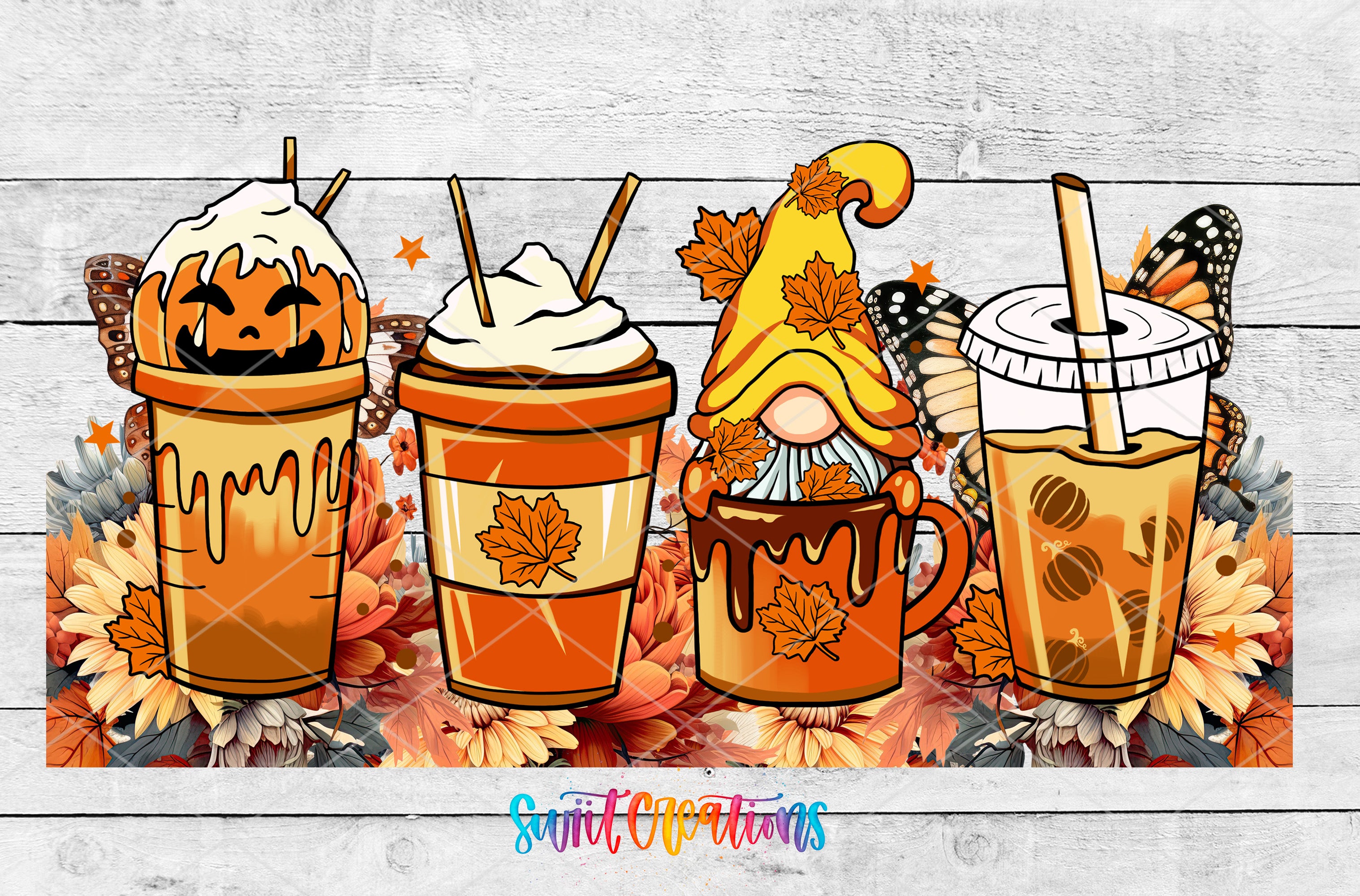 A collection of four colorful autumn-themed drinks, including a pumpkin-flavored beverage, a coffee drink with a gnome hat, a pumpkin-flavored drink, and a pumpkin-flavored drink, all set against a backdrop of autumn flowers and butterflies.