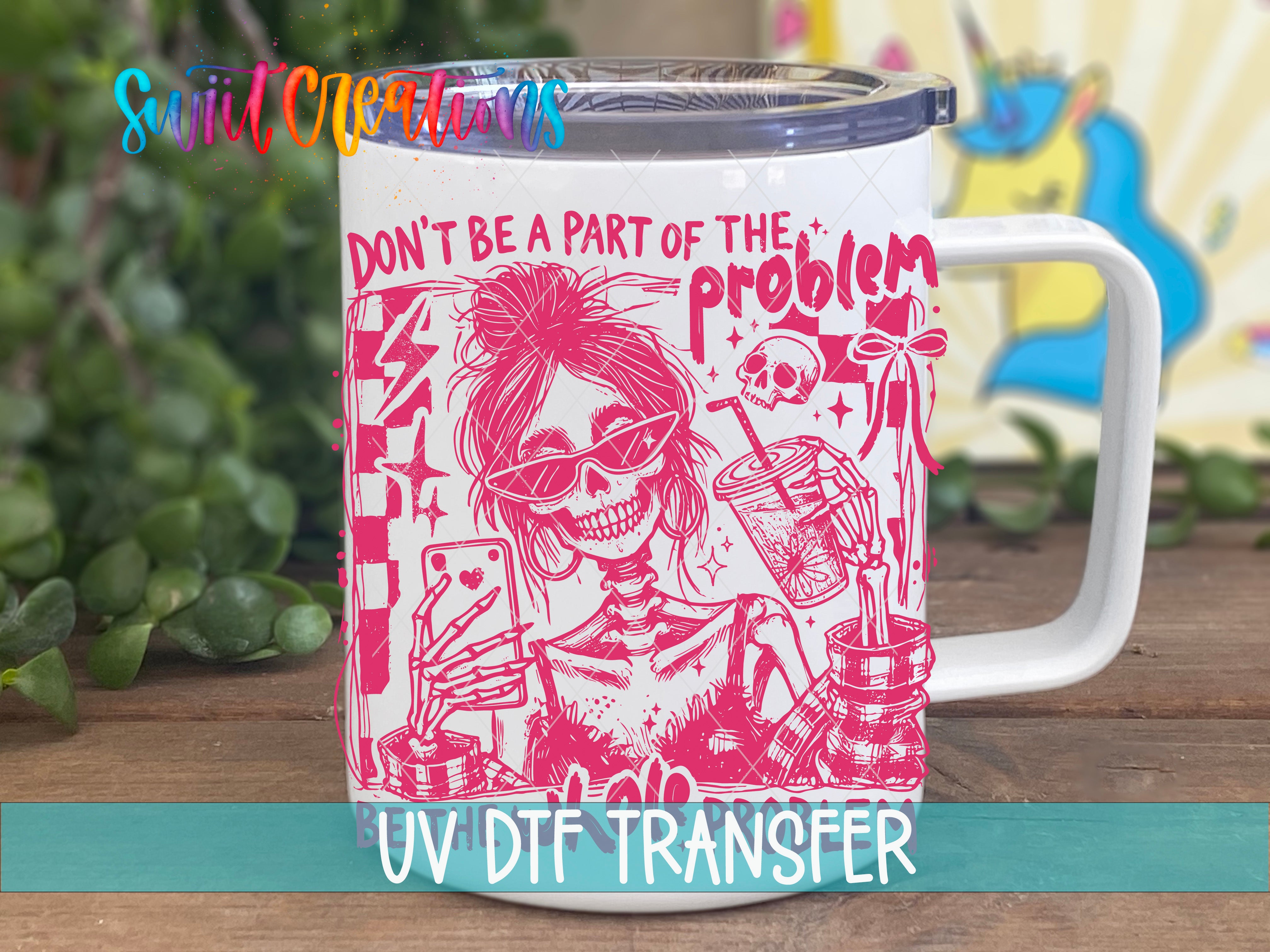 A white mug with a pink and red design featuring a skeleton wearing sunglasses and holding a phone, along with other objects like a cup and a skull.