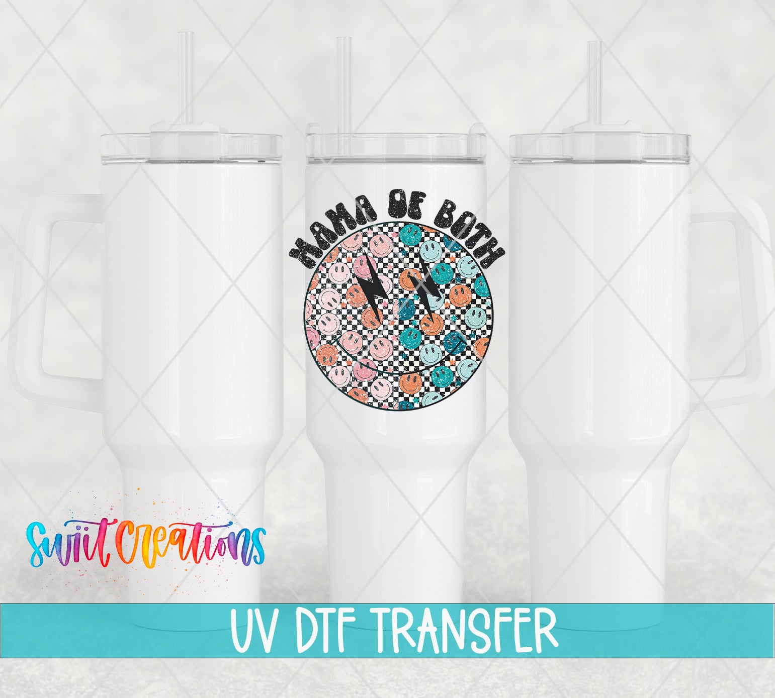three white tumblers with a colorful graphic design on the center of each one, along with the text "UV Dtf Transfer" and "Switc Productions" displayed below.