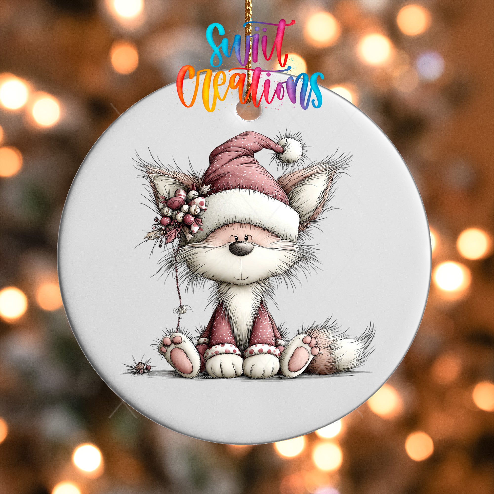 A ceramic ornament featuring a cartoon illustration of a cat wearing a Santa hat and holding a flower.