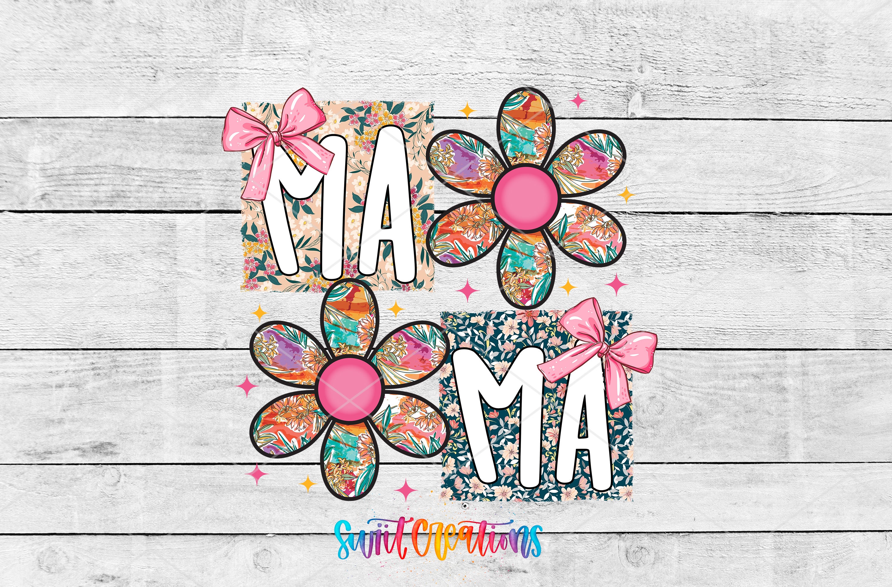 The image is a colorful and artistic representation of the word "MA" with flower-like shapes and bows, set against a wooden background.