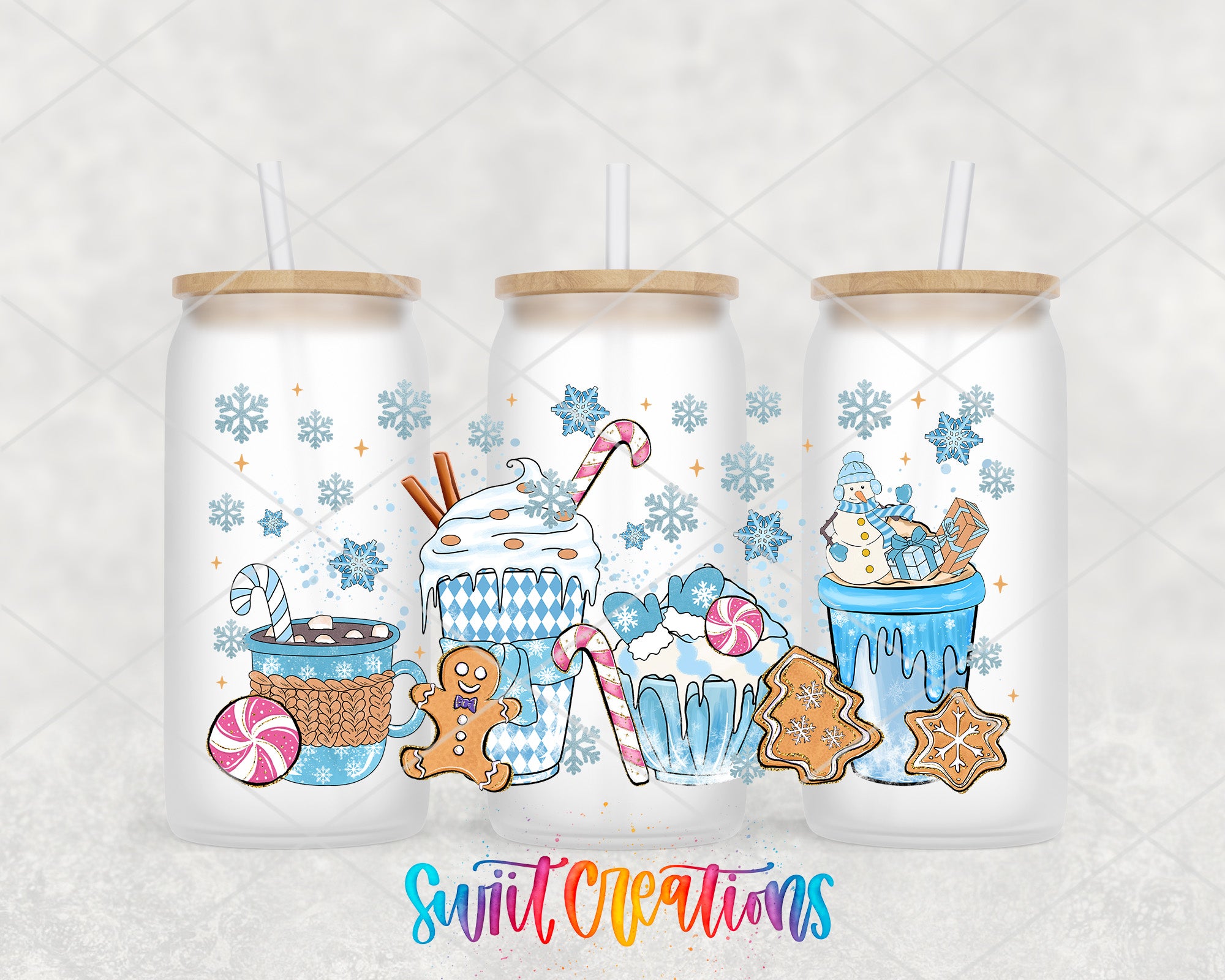 A collage of three white tumblers with colorful illustrations of various desserts and snowflakes on them.