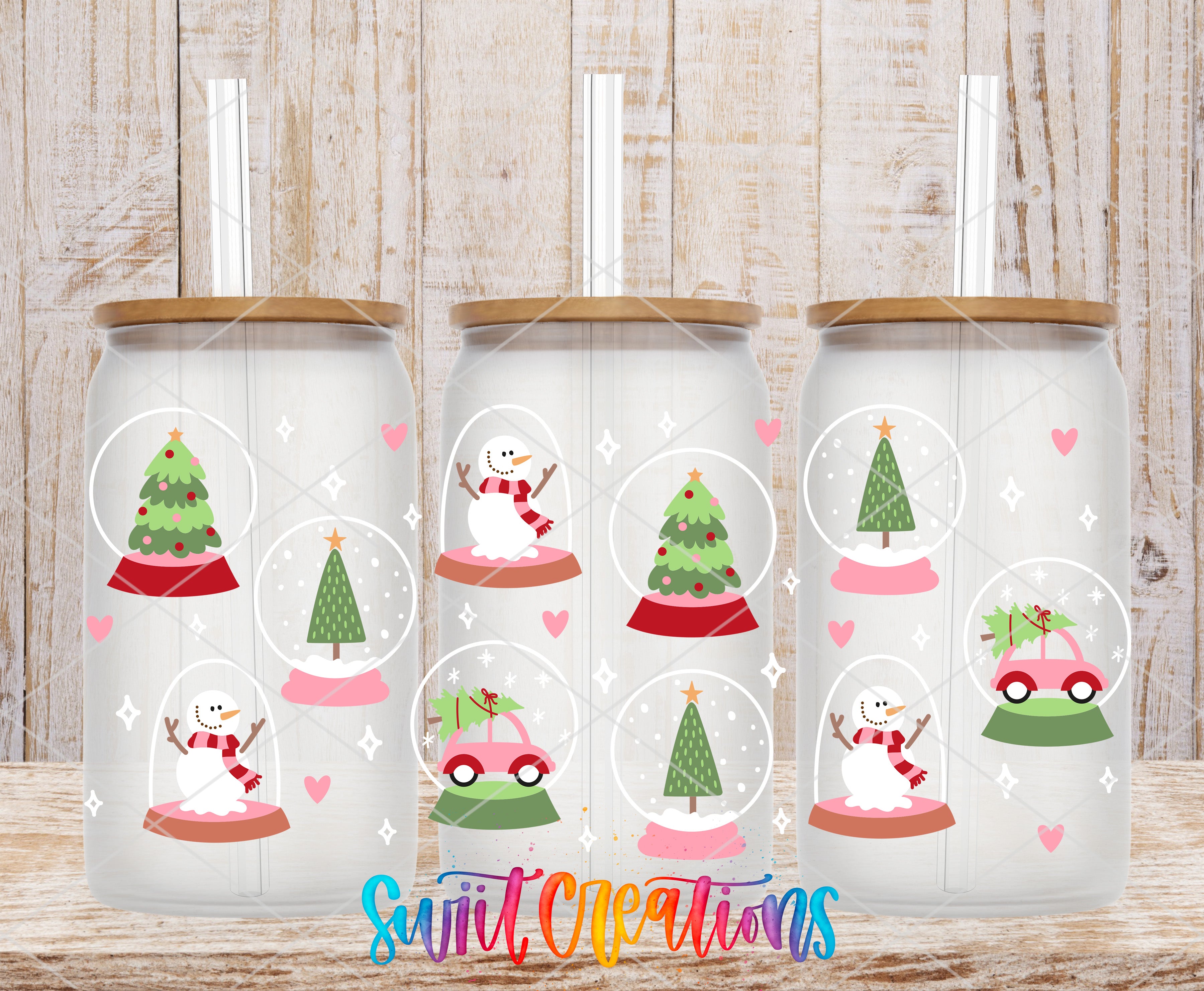 A collage of three glass tumblers with Christmas-themed designs, including snowmen, Christmas trees, and snow globes.