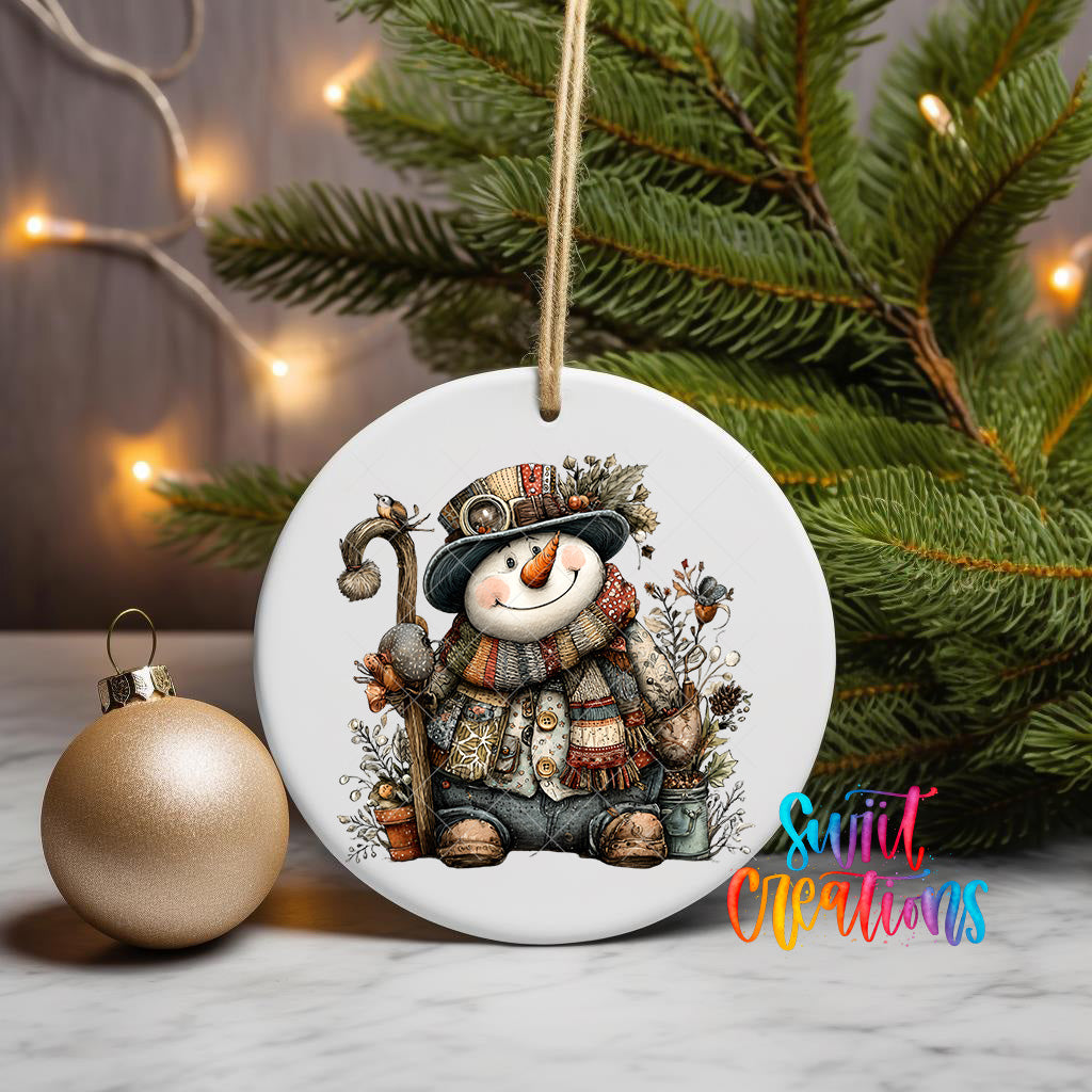 A white ceramic ornament featuring a smiling snowman is displayed on a table, with a gold ornament and a Christmas tree in the background.