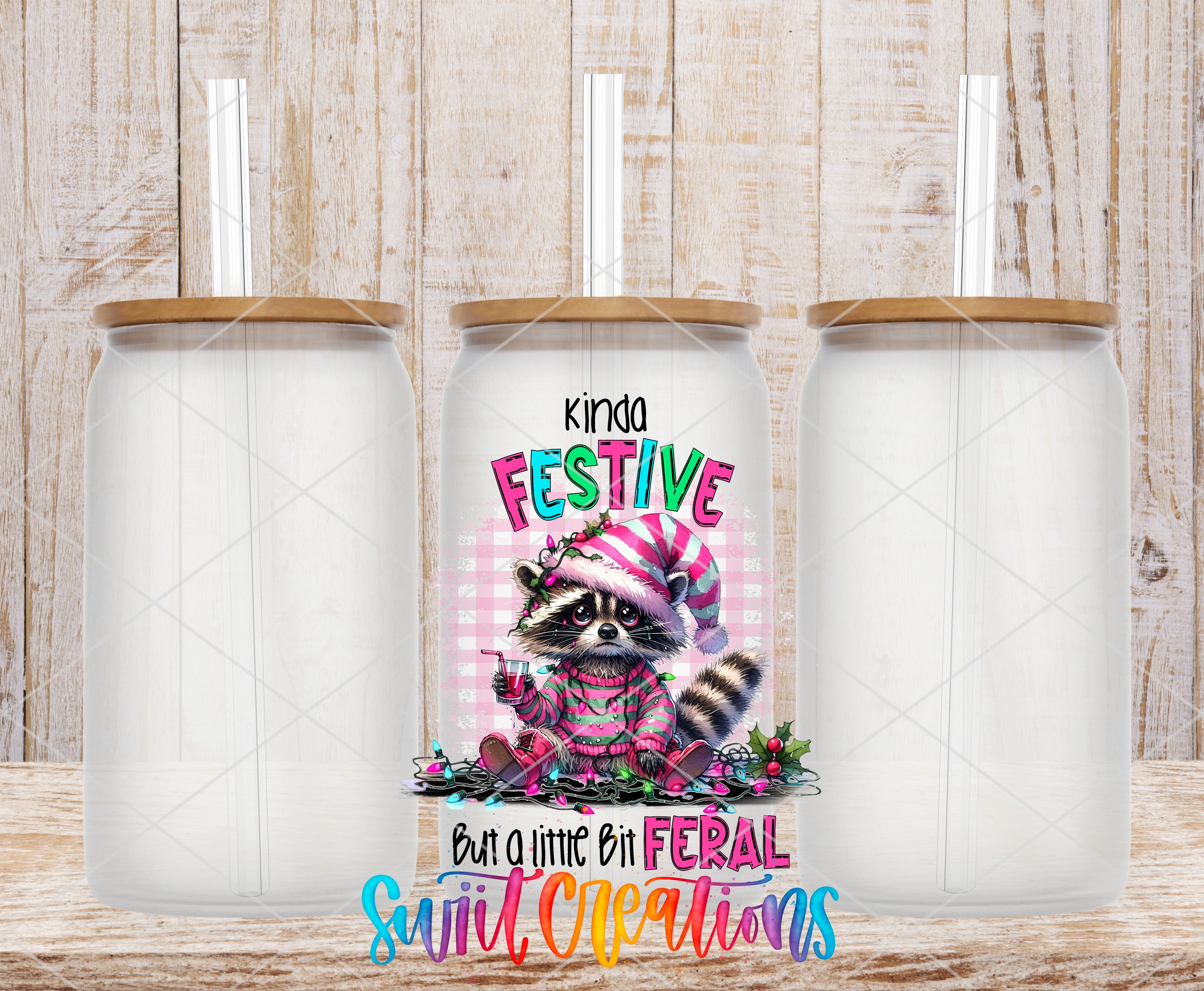 a colorful and whimsical design of a raccoon wearing a festive hat and scarf, with the text "kinda festive but a little bit feral sui cleverns" displayed prominently.