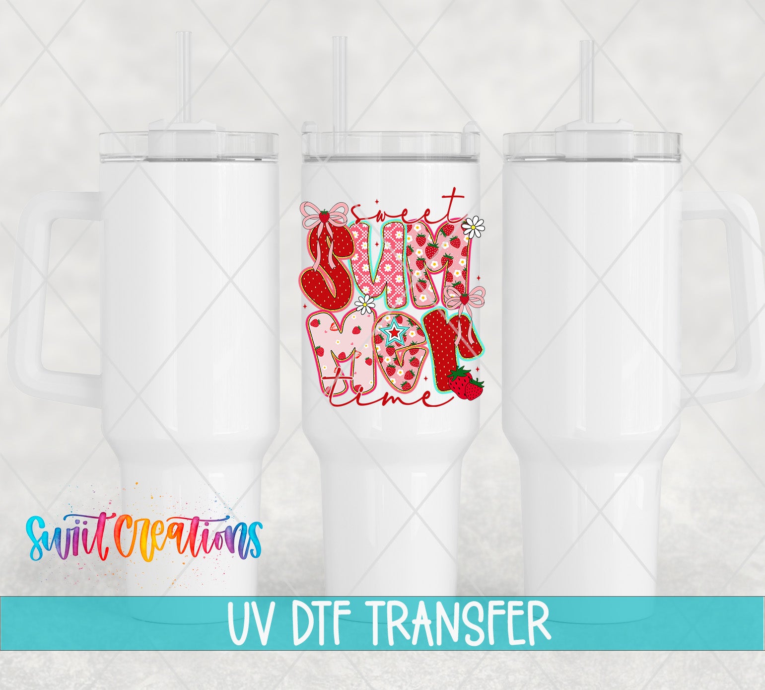 three white tumblers with colorful designs and straws, and there is text at the bottom of the image that says "UV DFT TRANSFER".