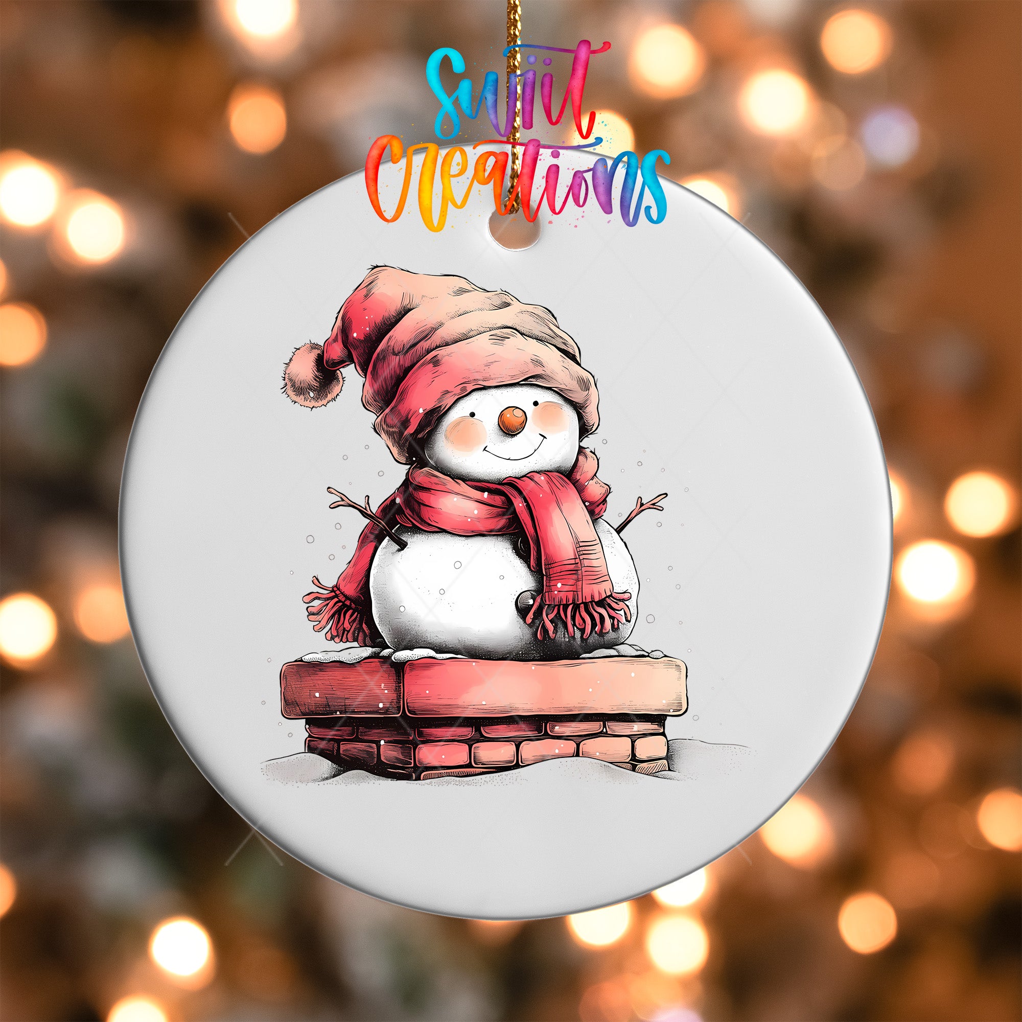 A snowman ornament with a red scarf and hat, sitting on a brick chimney.