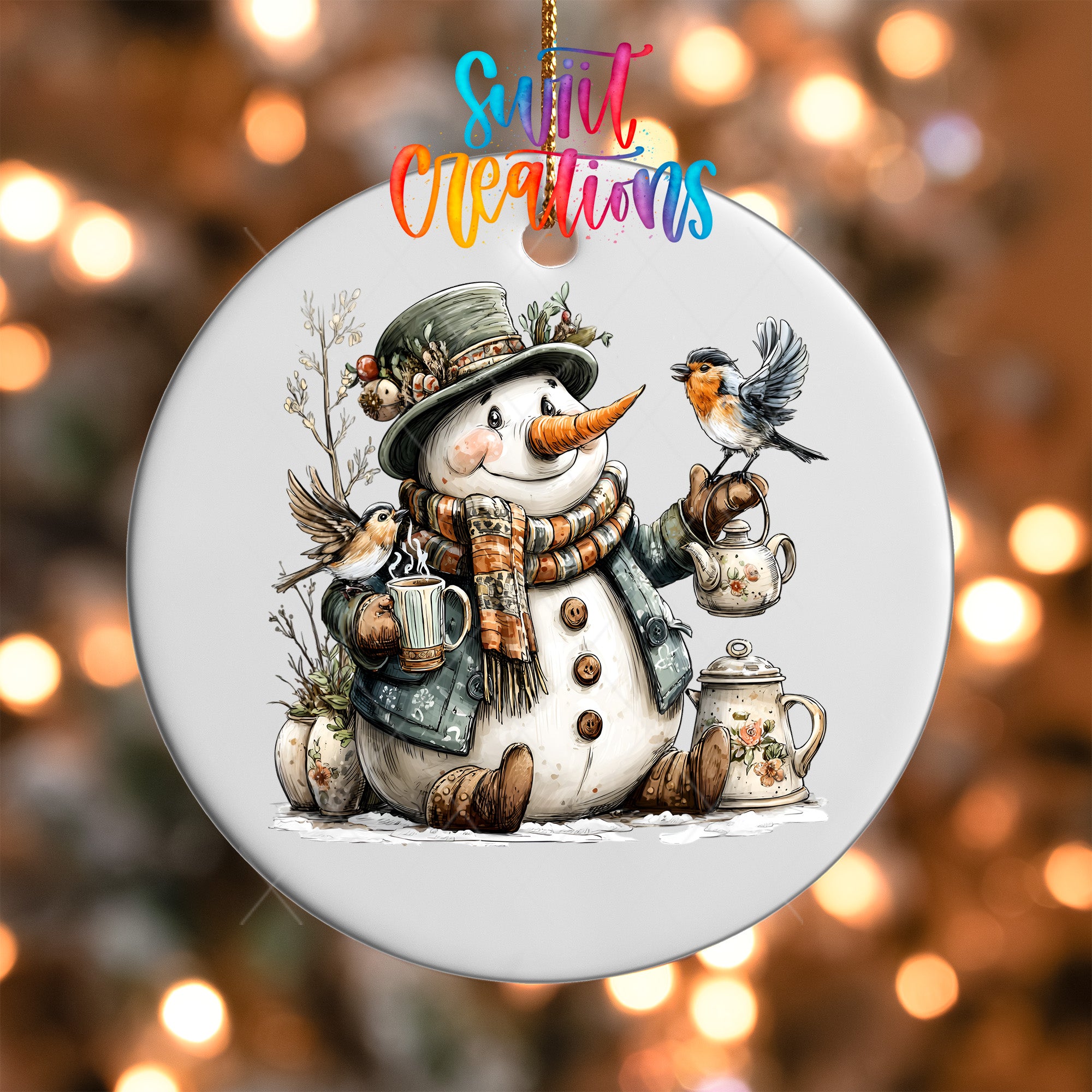 A snowman ornament with a bird perched on its shoulder, holding a cup of tea, and surrounded by various winter-themed elements such as pine trees and snowflakes.
