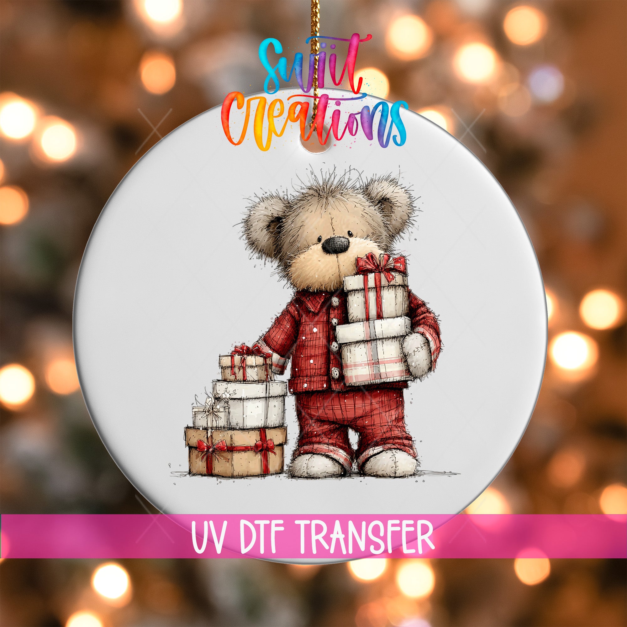 A teddy bear wearing a red outfit and holding a stack of presents is the central focus of the image.