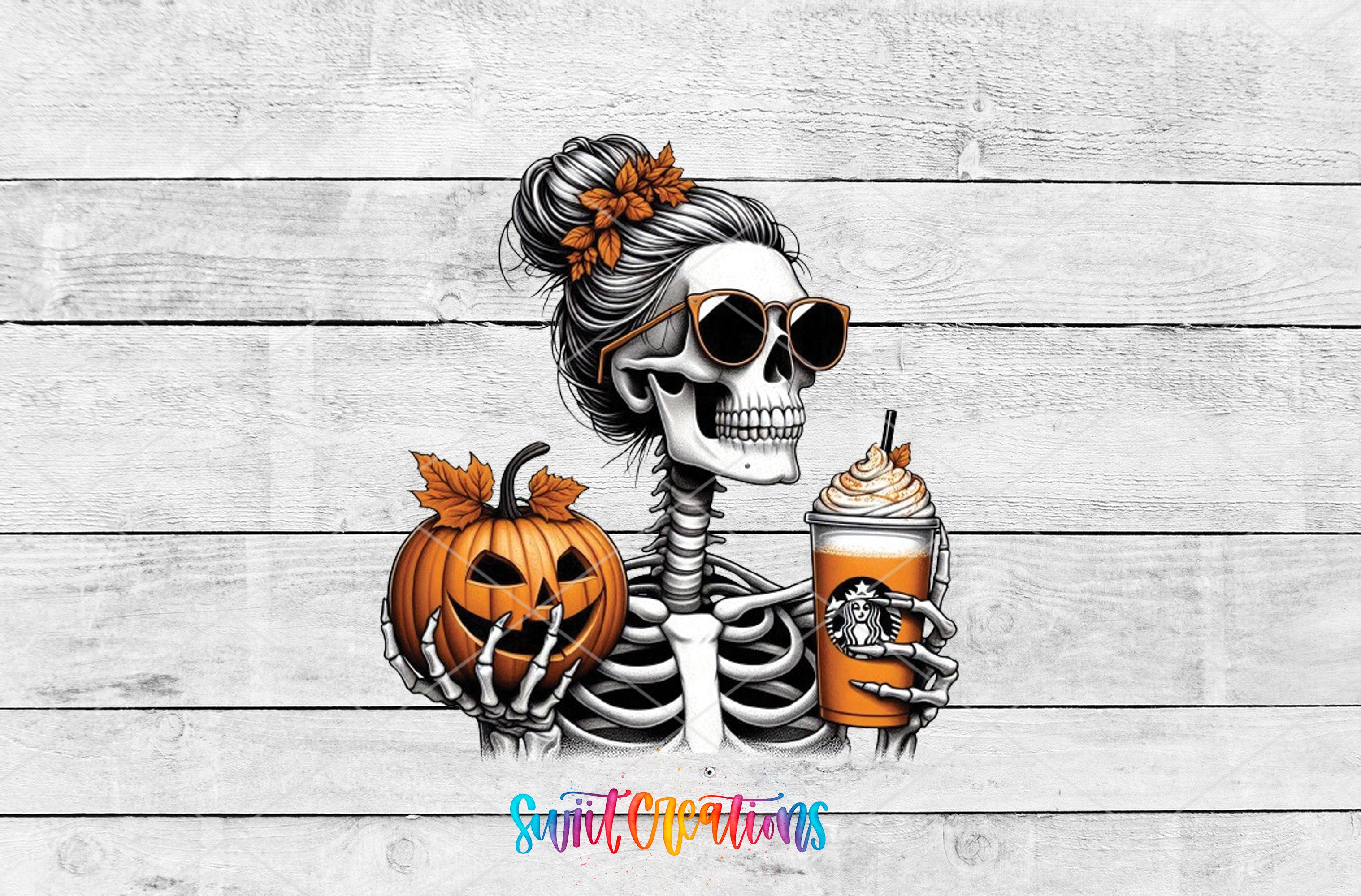 A skeleton wearing sunglasses and holding a pumpkin and a Starbucks drink is depicted against a white wooden background.
