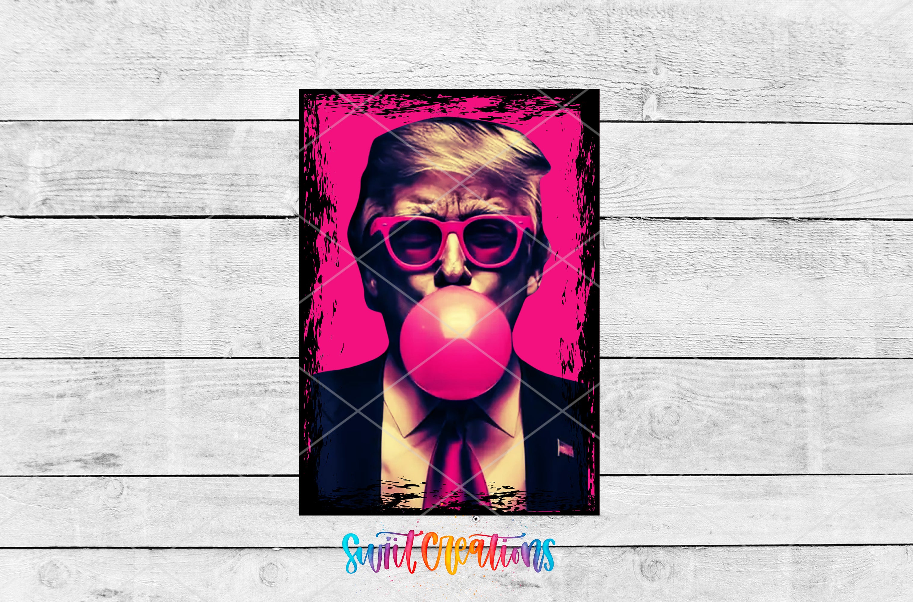 A collage of two images: a close-up of a man wearing sunglasses and a pink bubblegum bubble, and a close-up of a man wearing a suit and tie.