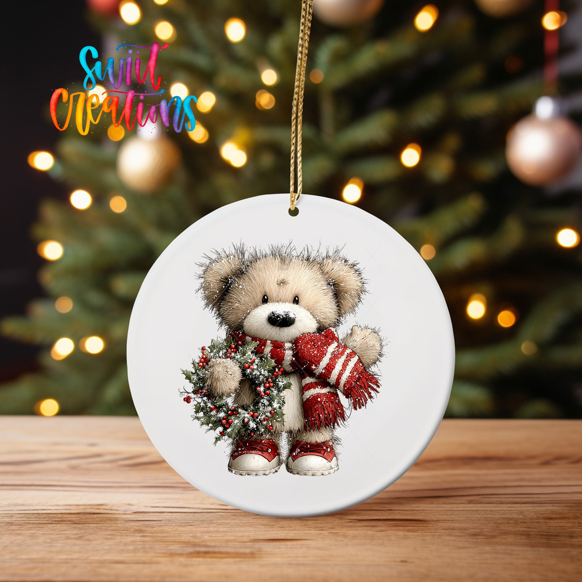 A white ceramic ornament featuring a teddy bear wearing a red and white striped scarf and holding a wreath, with a blurred background of Christmas lights.