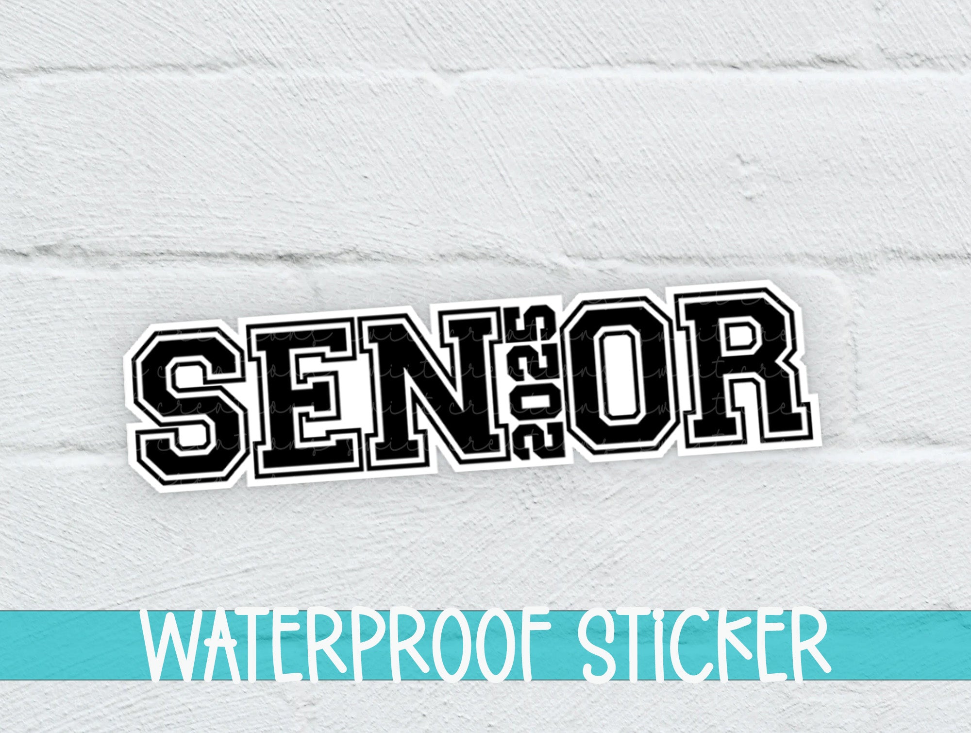 a white brick wall with a black and blue sticker on it