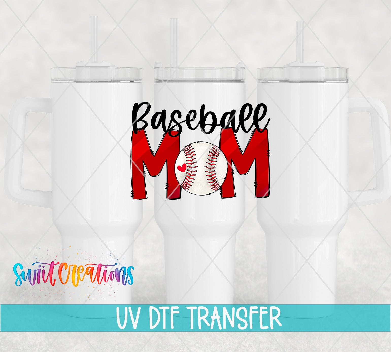 three white tumblers with a baseball-themed design, including the text "Baseball Mom" and a baseball graphic.