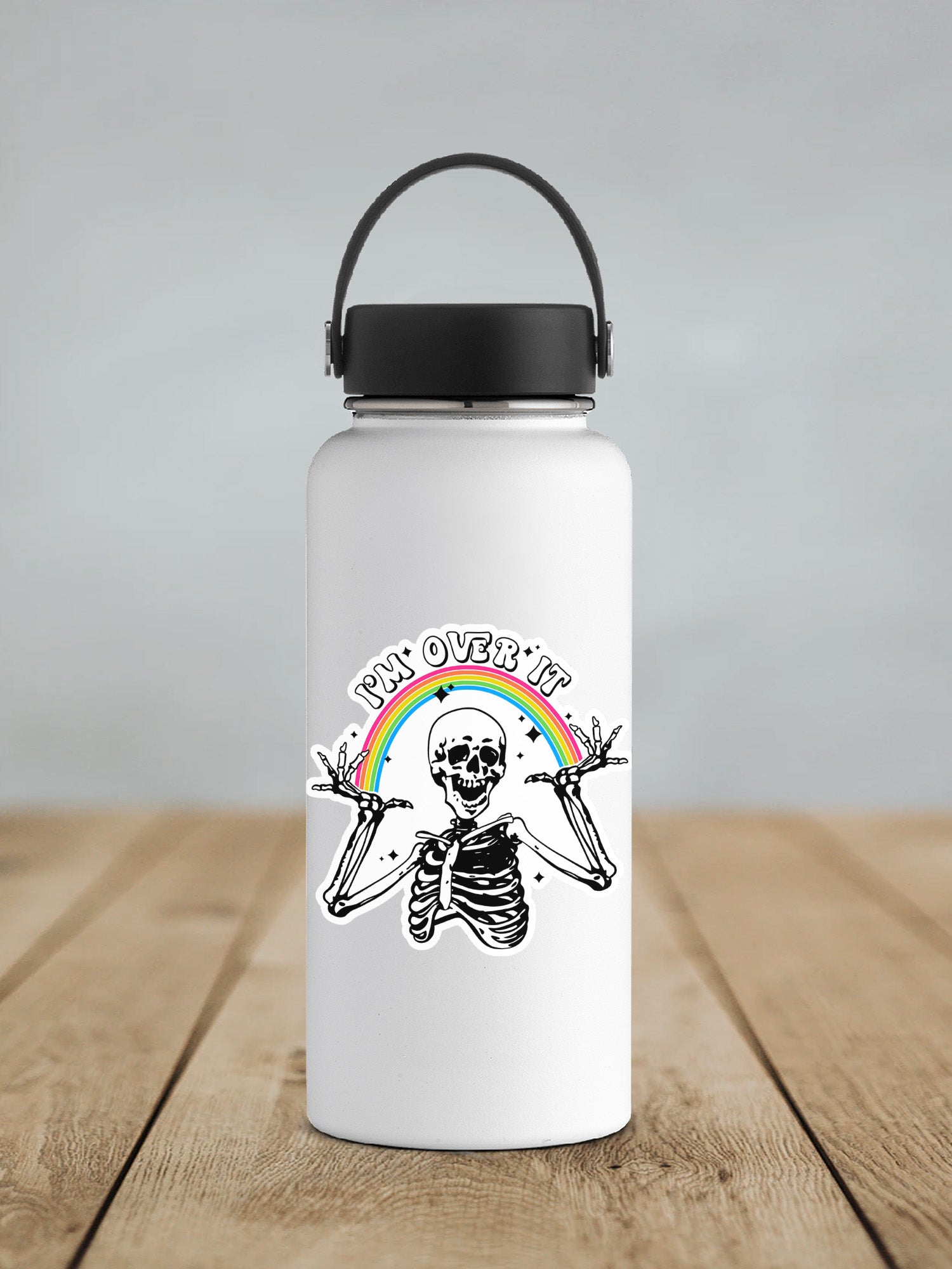 a white water bottle with a skeleton on it