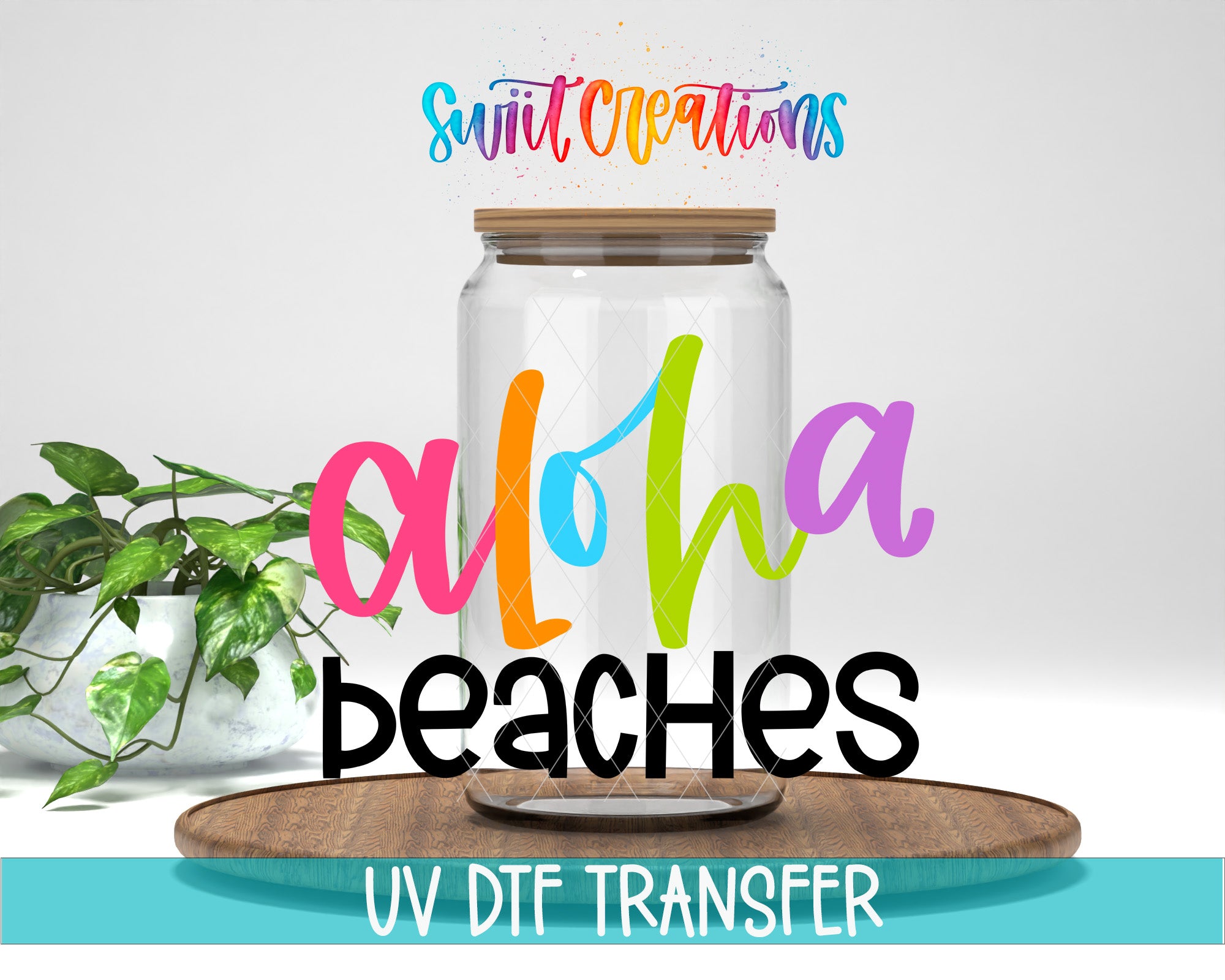 a clear glass jar with the words "Aloha Peaches" written on it, placed on a wooden tray. The background of the image is white, and there is a potted plant visible in the background.