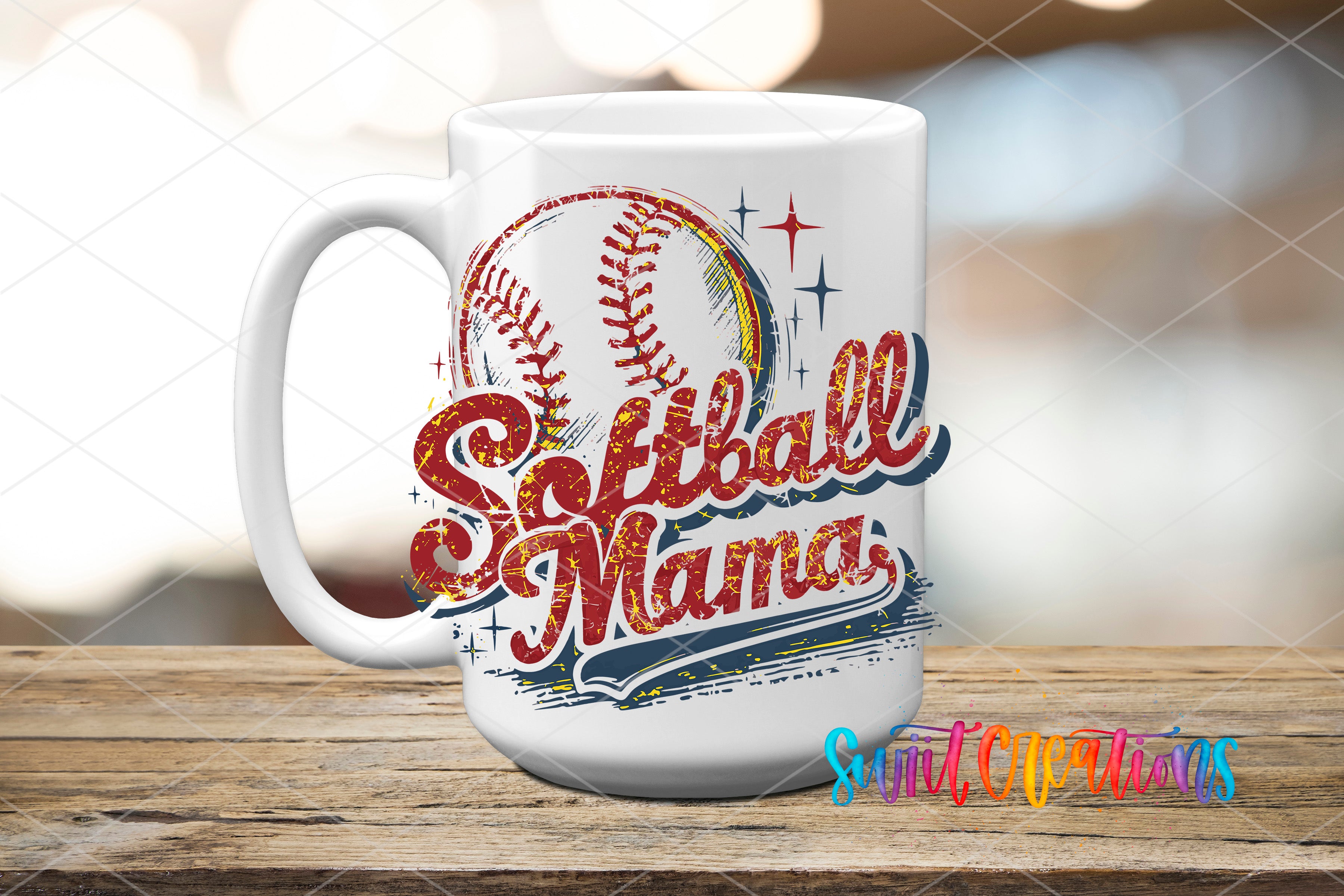 A white ceramic mug with a graphic design featuring a baseball and the text "Softball Mama" printed on it.