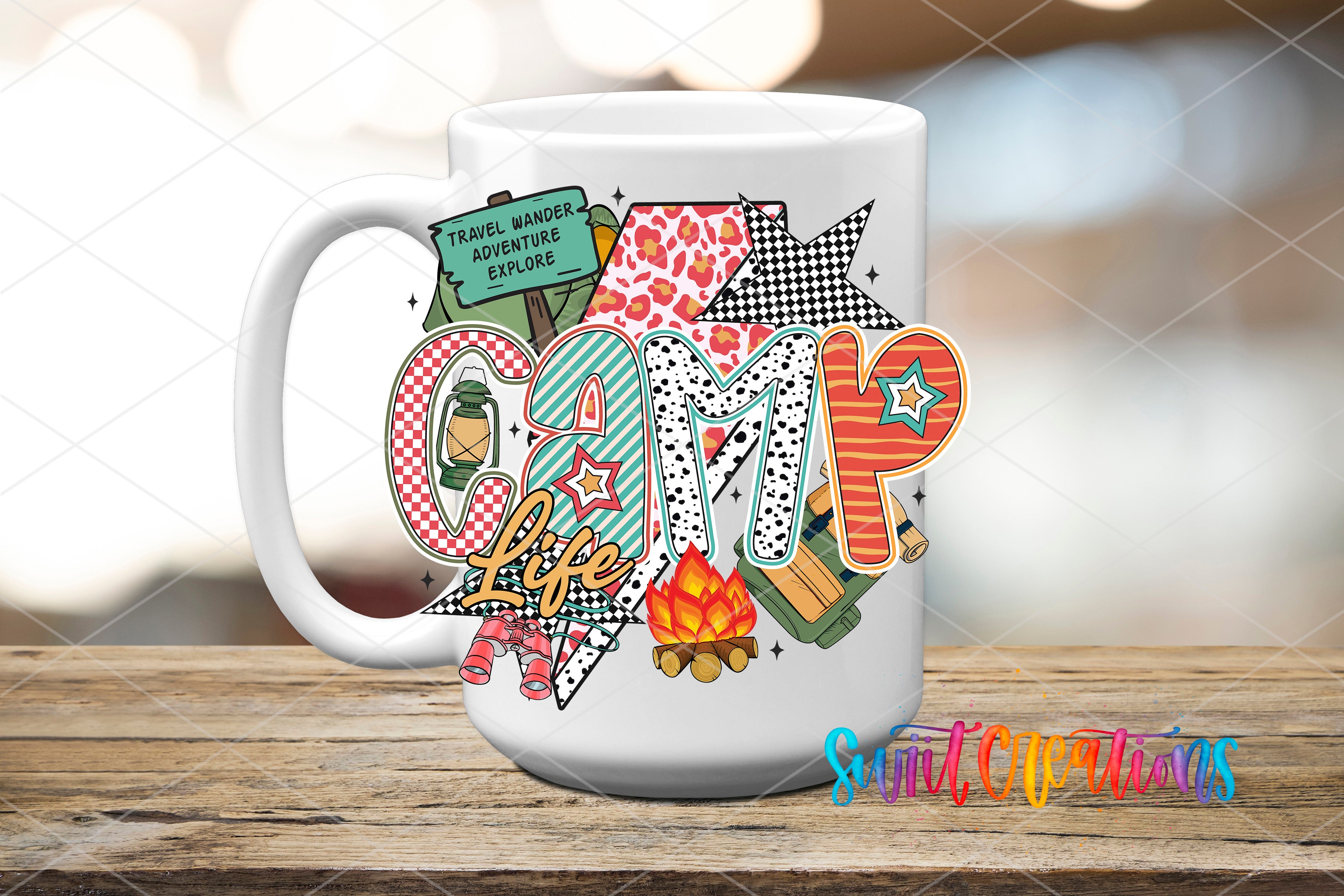 A white ceramic mug with a colorful, collage-style design featuring various camping-related elements such as a tent, campfire, and stars.