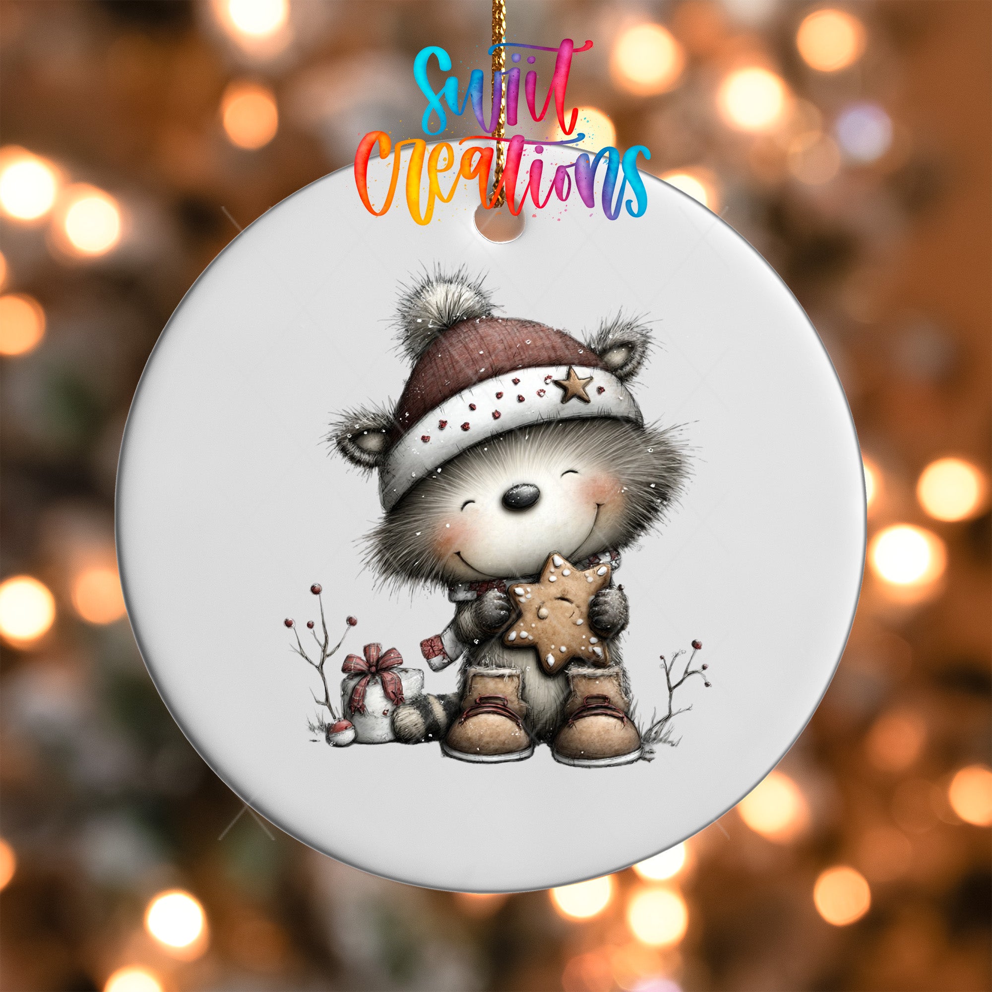 A white ornament featuring a cute raccoon wearing a hat and holding a star-shaped cookie, with a colorful background.
