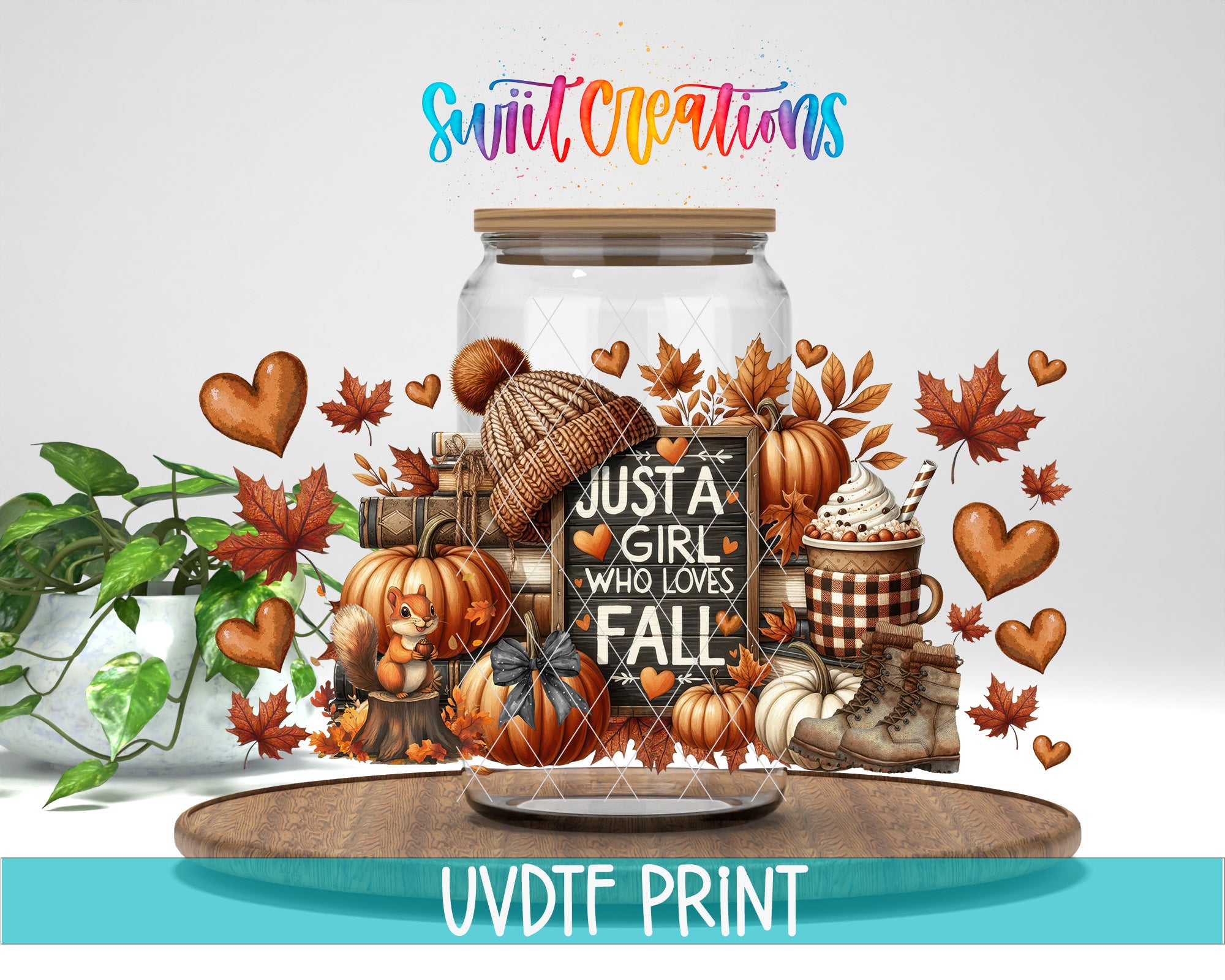 The image is a collage featuring various fall-themed items, including pumpkins, a mug, a hat, and a sign that says "Just a girl who loves fall". The collage is set against a white background, and there is a wooden board in the foreground.