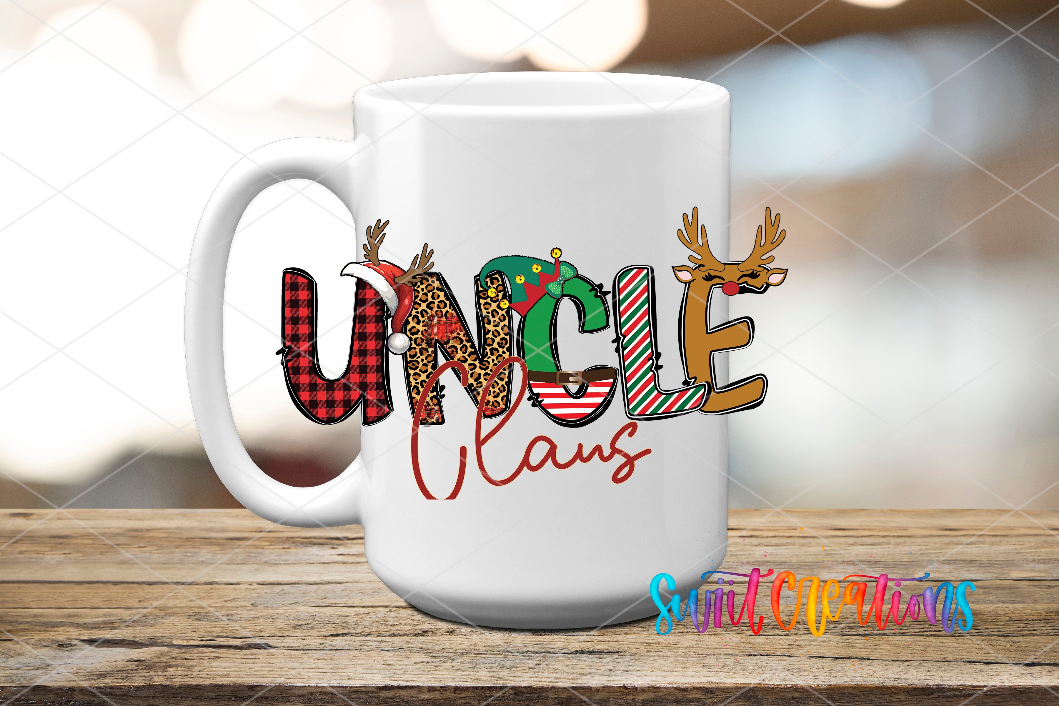 A white mug with the word "UNCLE" written on it in a colorful, stylized font.