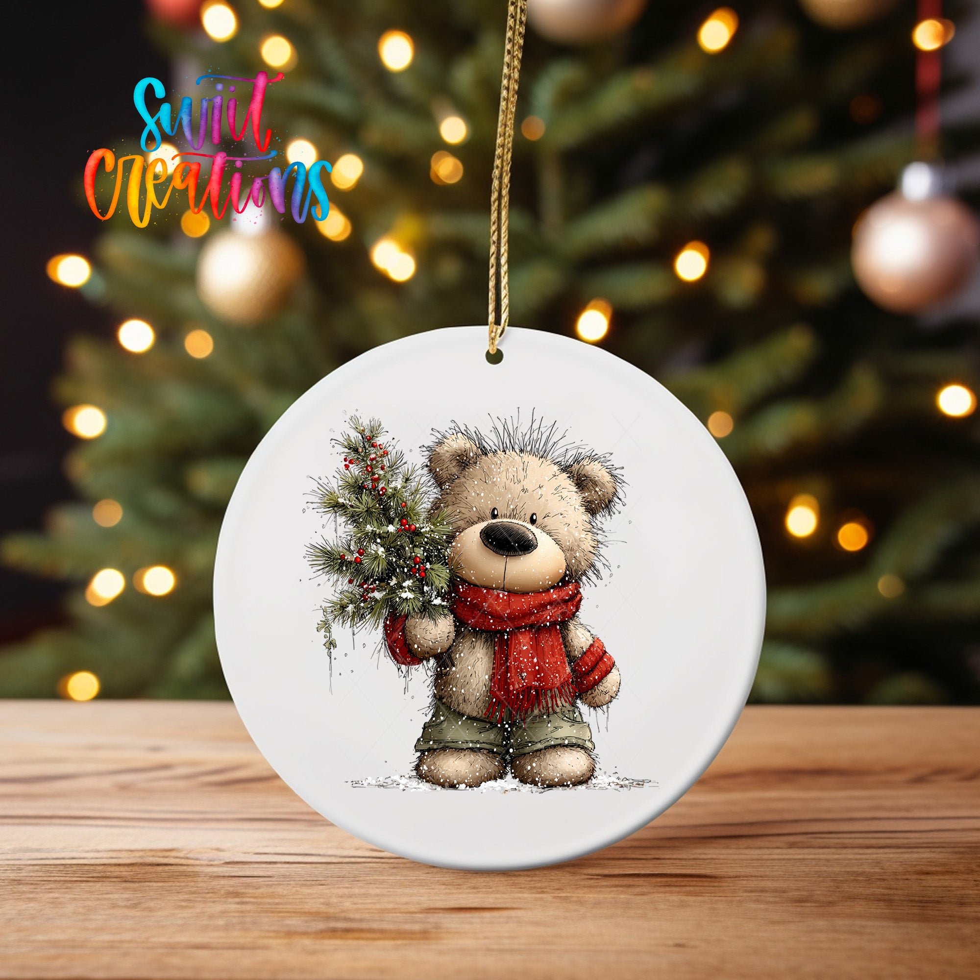 A white ceramic ornament featuring a teddy bear holding a Christmas tree, with a blurred background of a decorated Christmas tree.