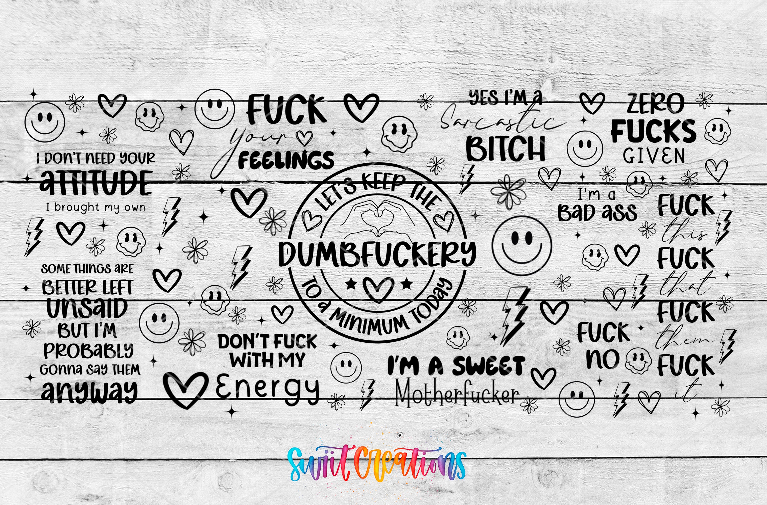 a collage of various text elements, including emojis, words, and phrases, arranged in a visually striking manner. The text elements are scattered across the image, creating a dynamic and visually engaging composition.