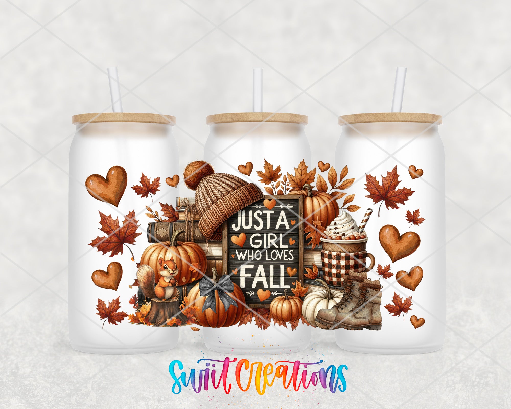 A collage of three glass jars with autumn-themed designs, including pumpkins, leaves, and a sign that says "Just a girl who loves fall".
