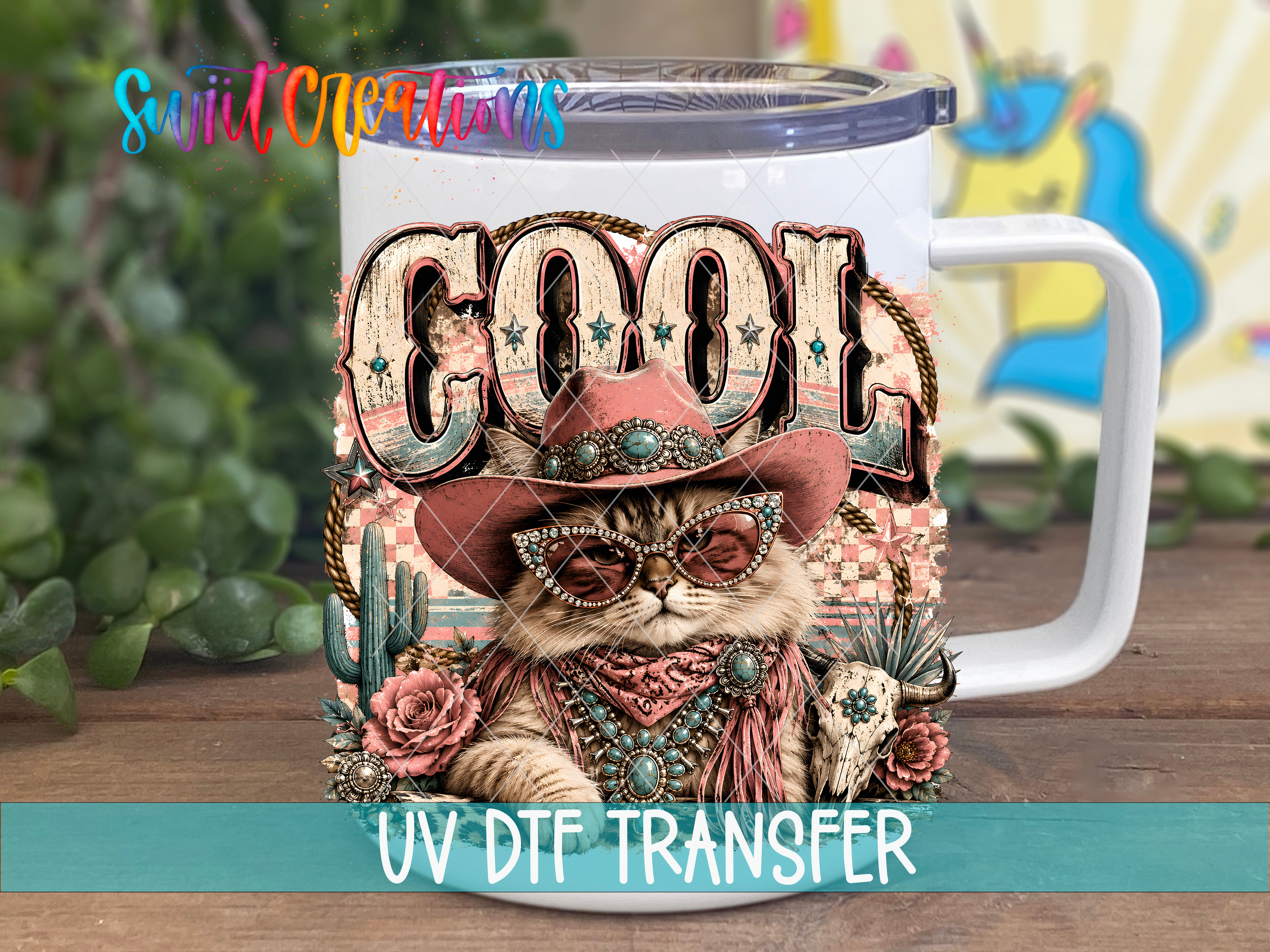 A mug with a cat wearing sunglasses and a cowboy hat, surrounded by various decorative elements such as flowers, cacti, and a rainbow.