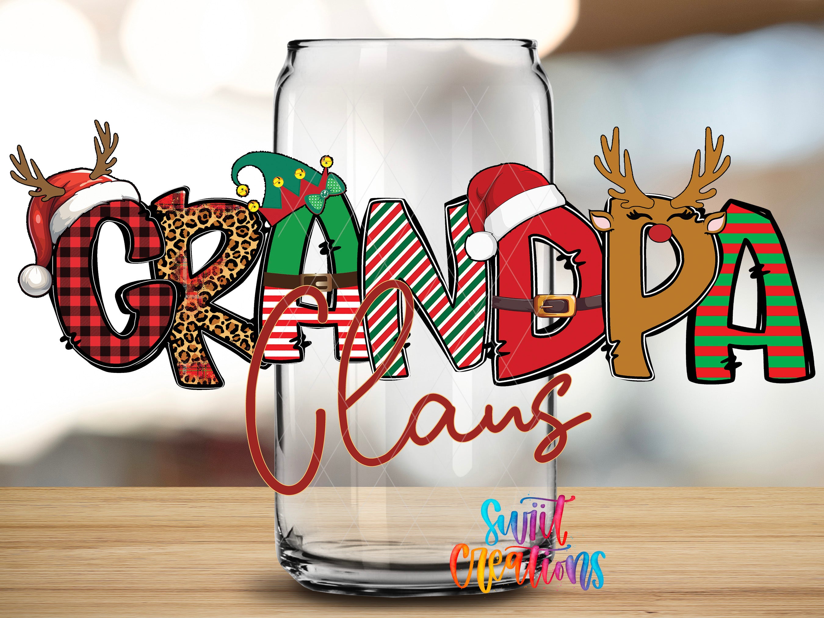 A glass can with the word "GRANDPA" written on it, along with various holiday-themed decorations such as reindeer, Santa hats, and leopard print.
