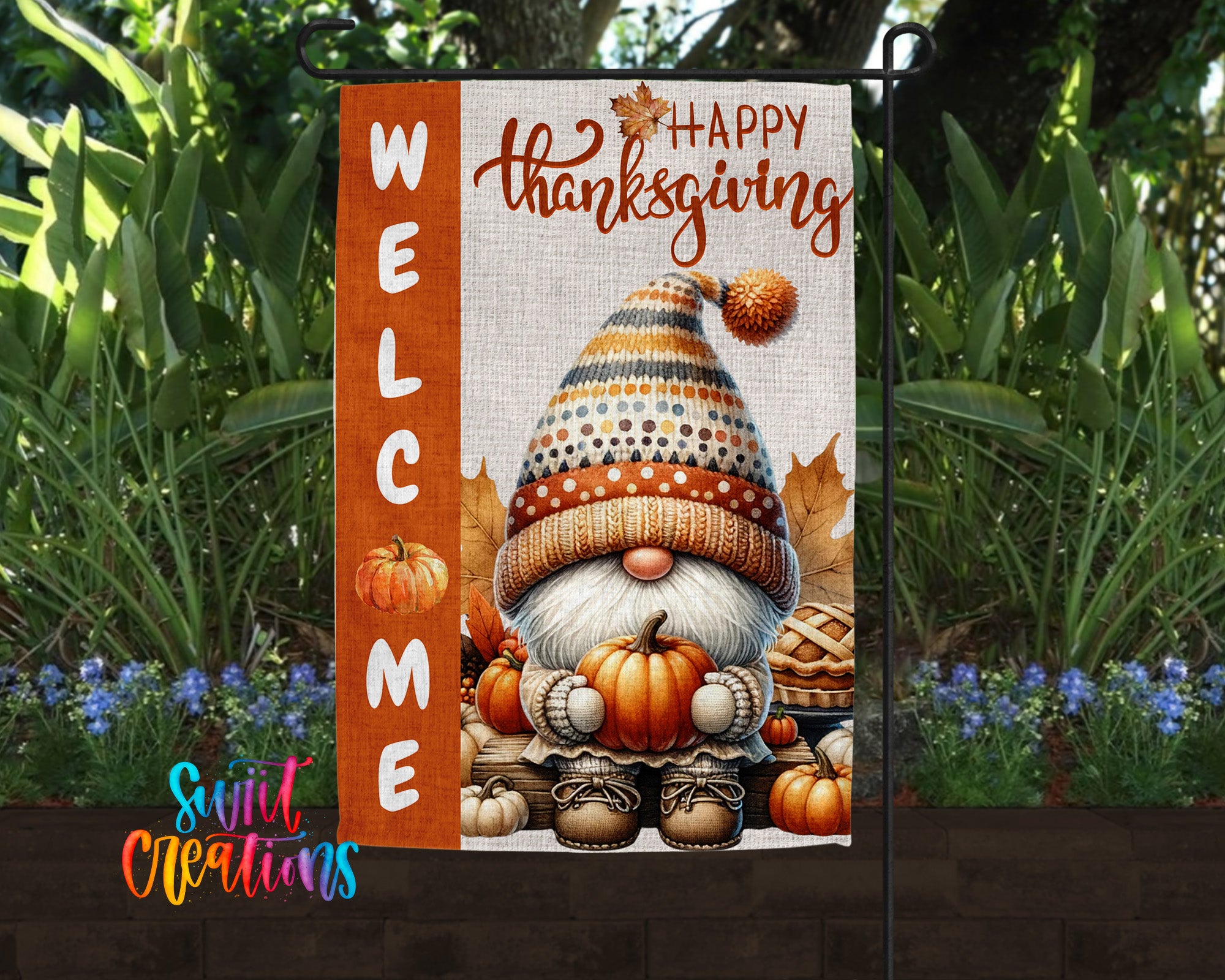 A welcome sign featuring a gnome holding a pumpkin and surrounded by autumn leaves, with the text "Happy Thanksgiving" displayed on the sign.