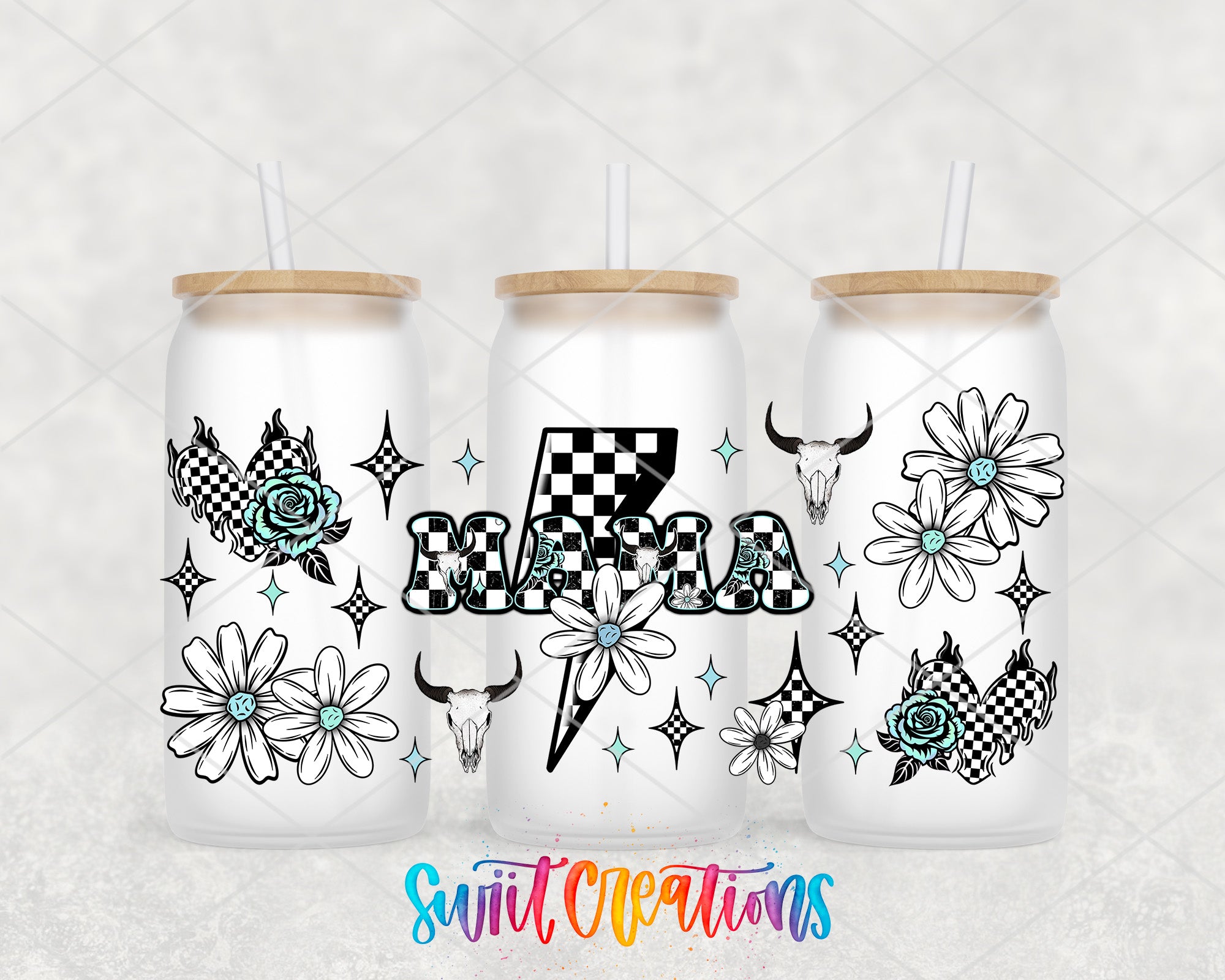 three white tumblers with black and white floral designs and the word "Mama" printed on them.