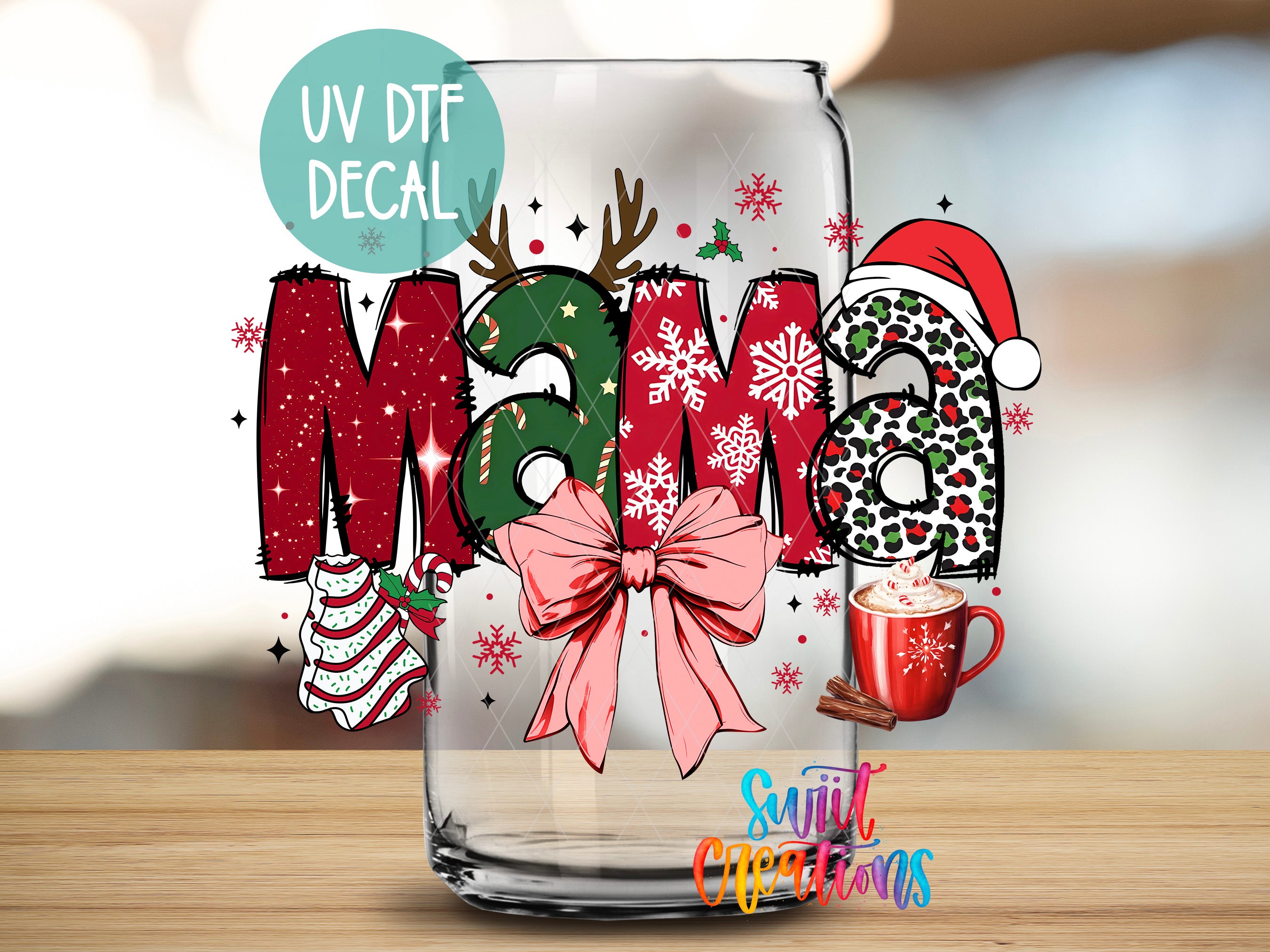 a glass with the word mom written in it