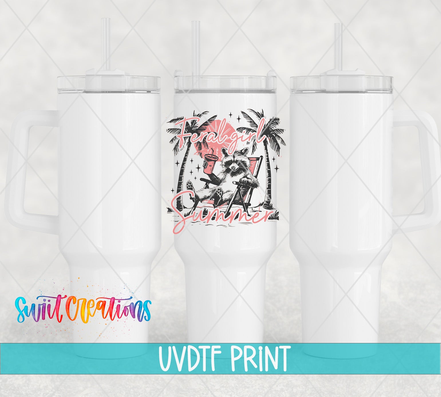 three white tumblers with a printed design on the center of each one, including a beach scene with palm trees and a person sitting in a chair.