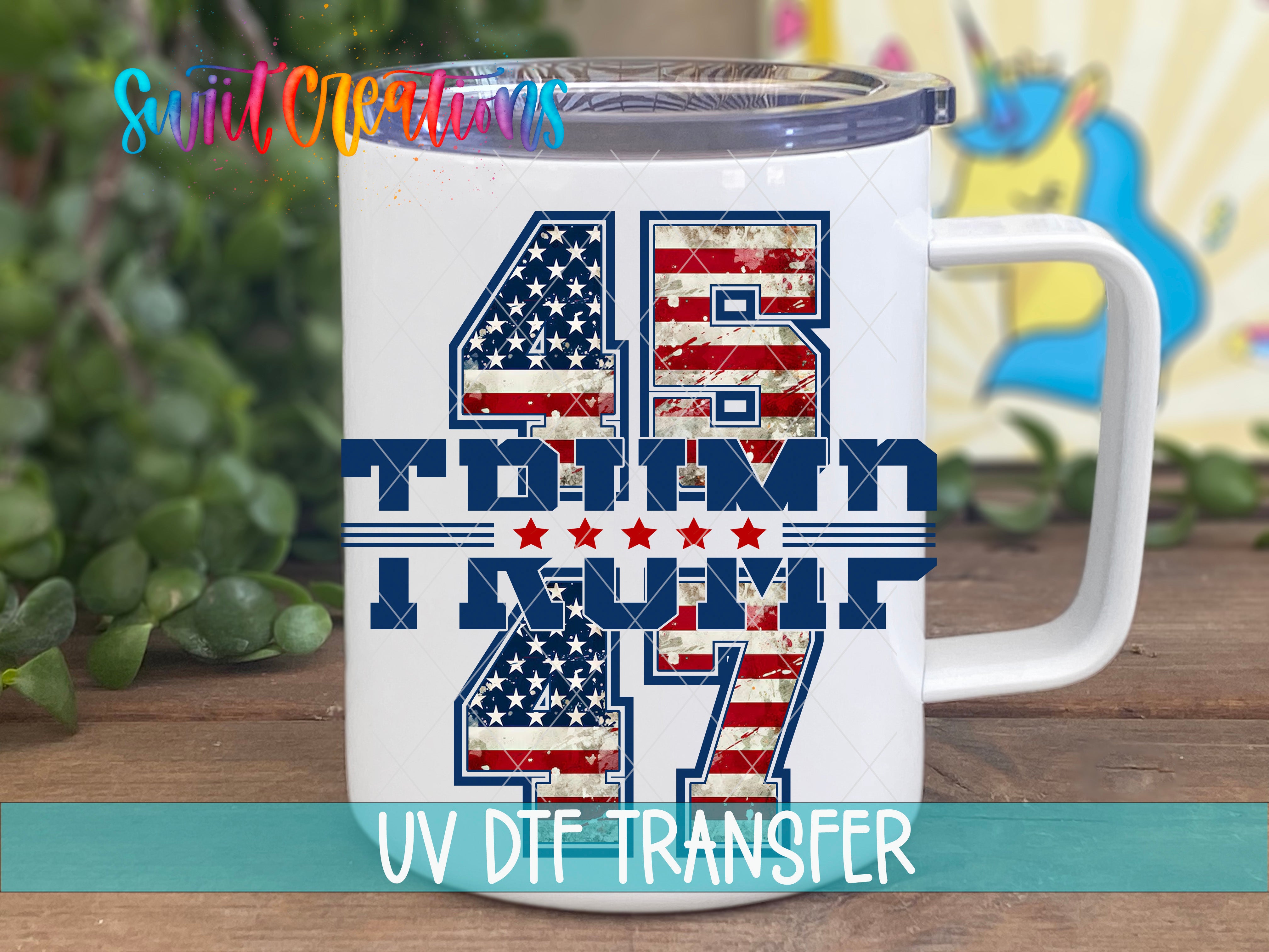 A white mug with a design featuring the number "46" and the text "Trump" printed on it, along with an American flag pattern.