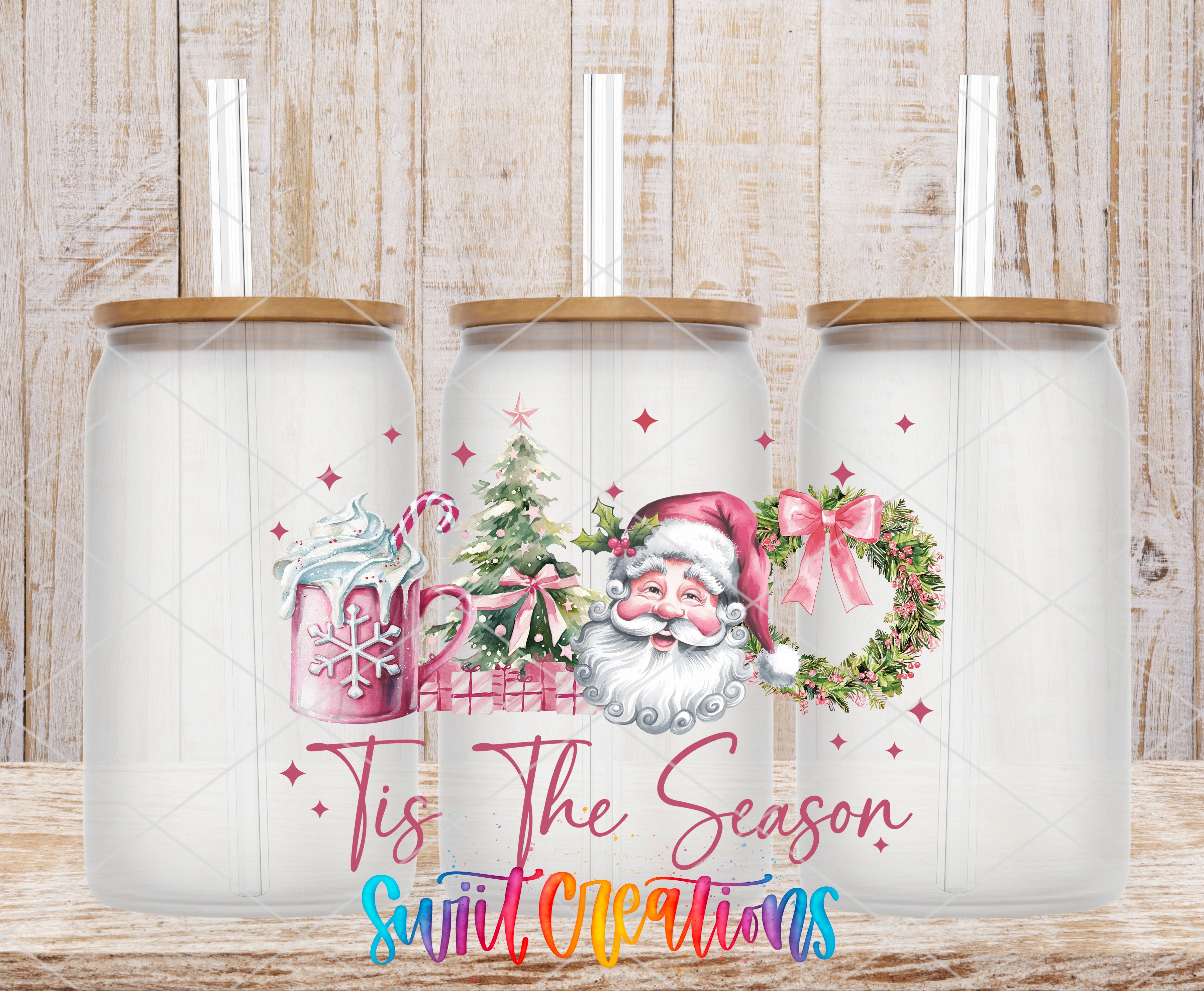 A collage of three glass tumblers with Christmas-themed designs, including Santa Claus, a wreath, and a cup with a snowflake. The text "Tis the Season" is displayed in the center of the image, and the phrase "Sweet Creations" is written at the bottom.