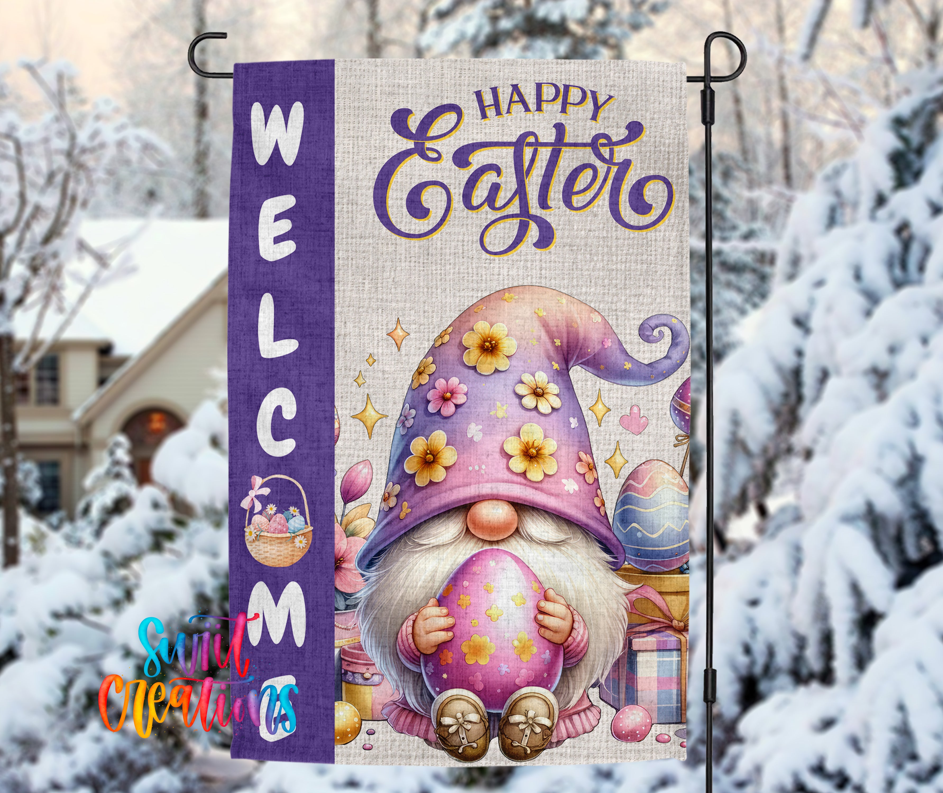 A colorful Easter-themed garden decoration featuring a gnome holding a basket of eggs, surrounded by flowers and other Easter-related items. The banner has a purple "Welcome" sign and the text "Happy Easter" at the top.