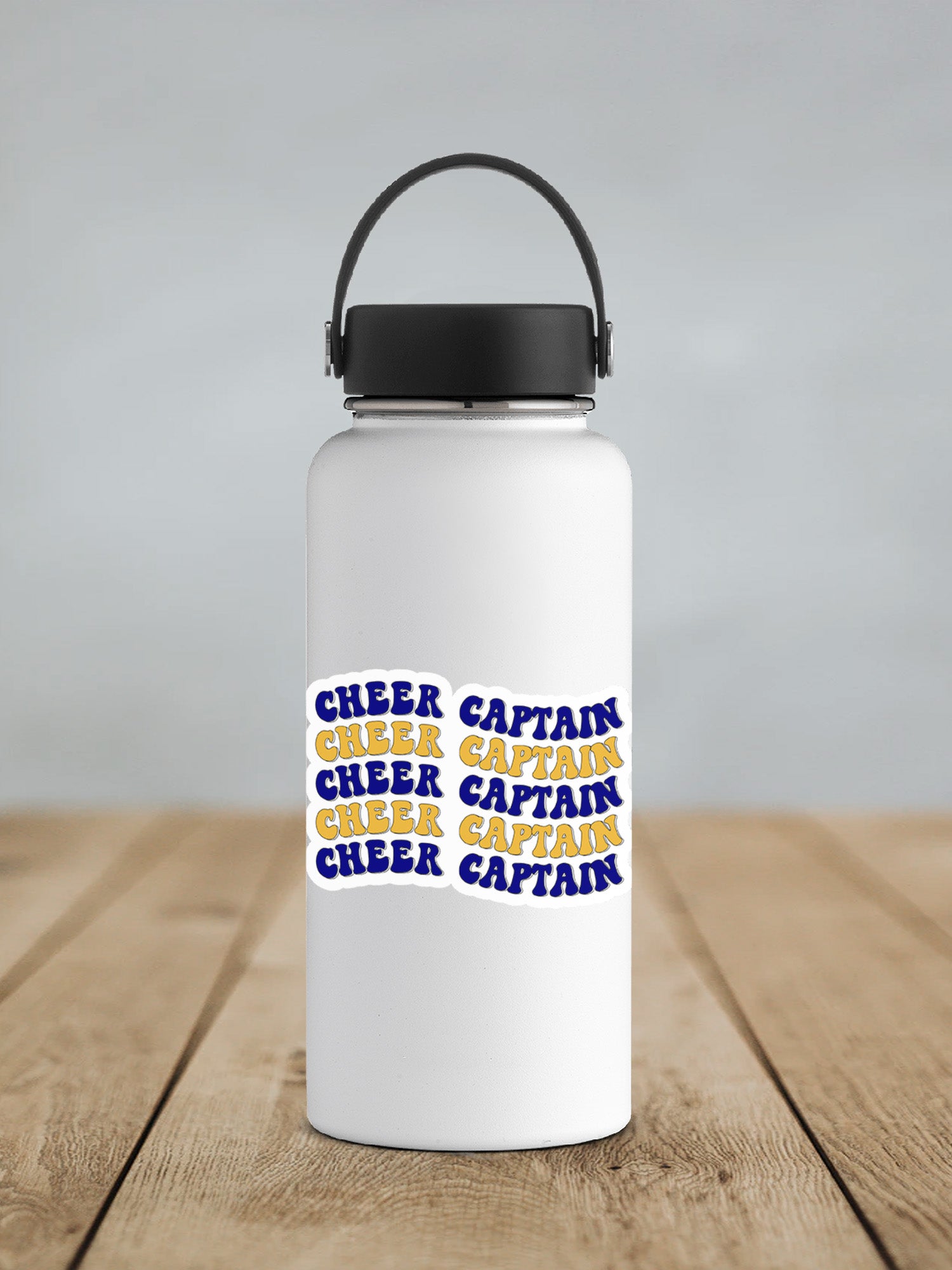 a white water bottle sitting on top of a wooden table