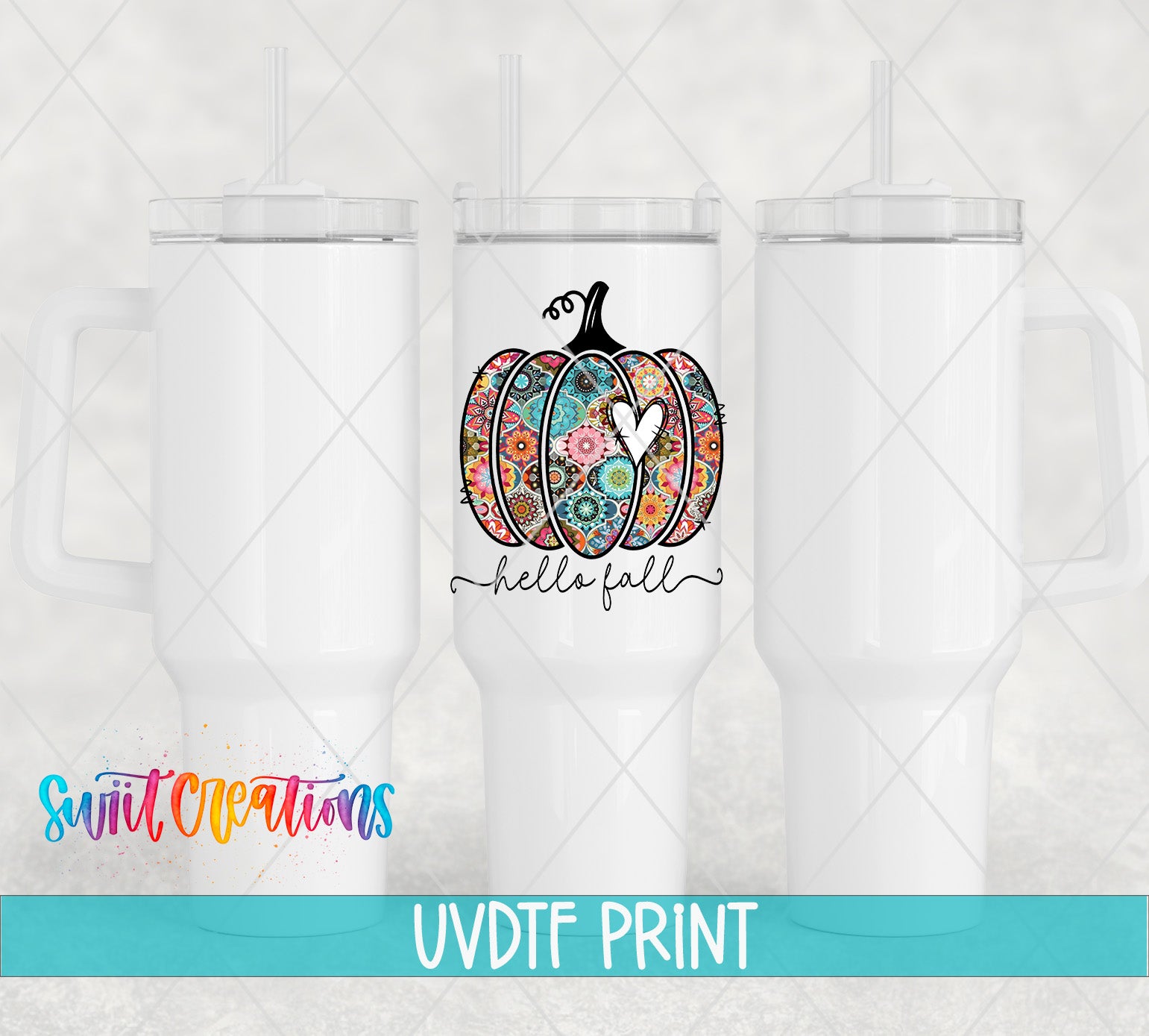three white tumblers with a colorful pumpkin design and the text "Hello fall" printed on them.