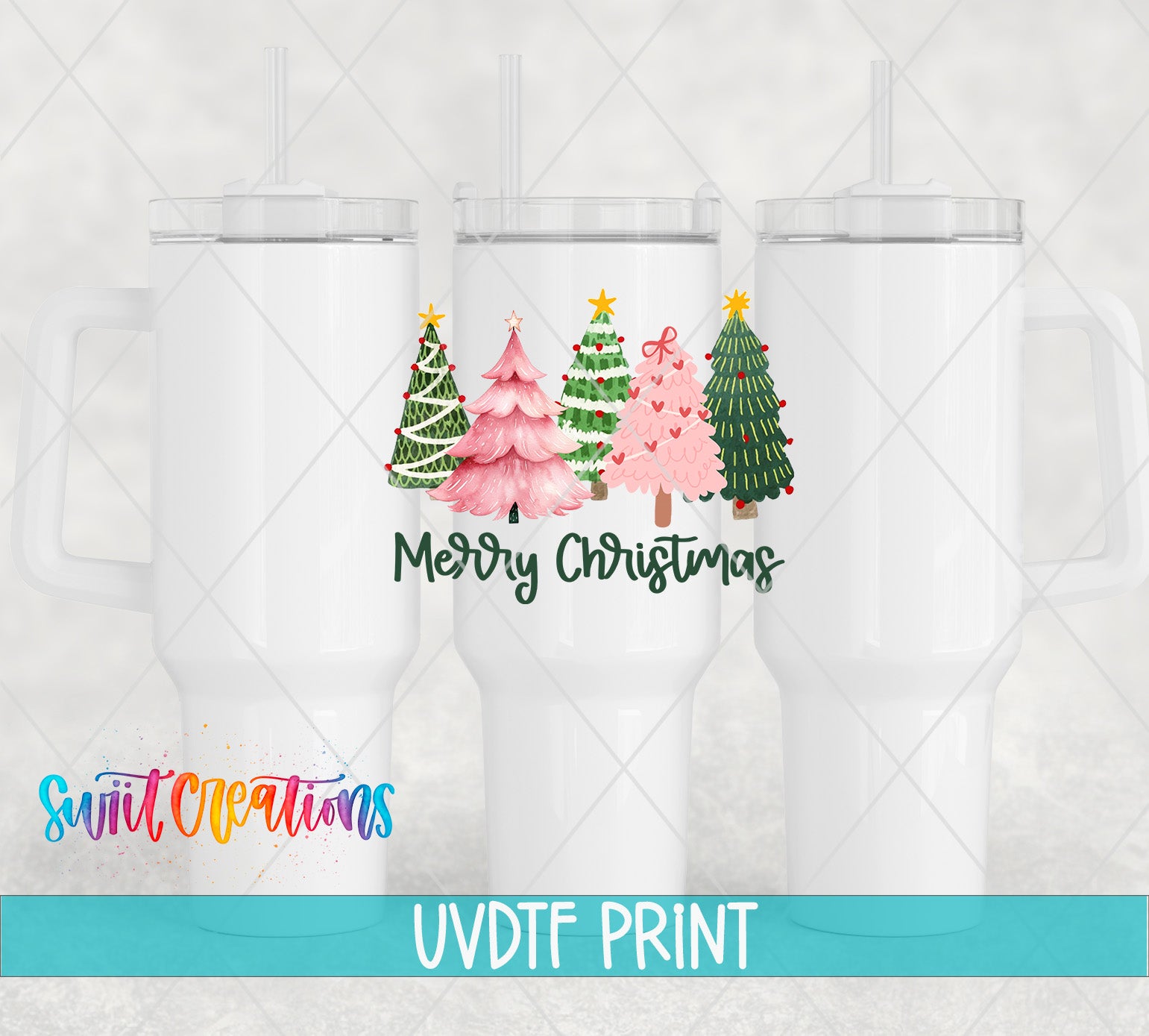three white tumblers with Christmas tree designs printed on them.