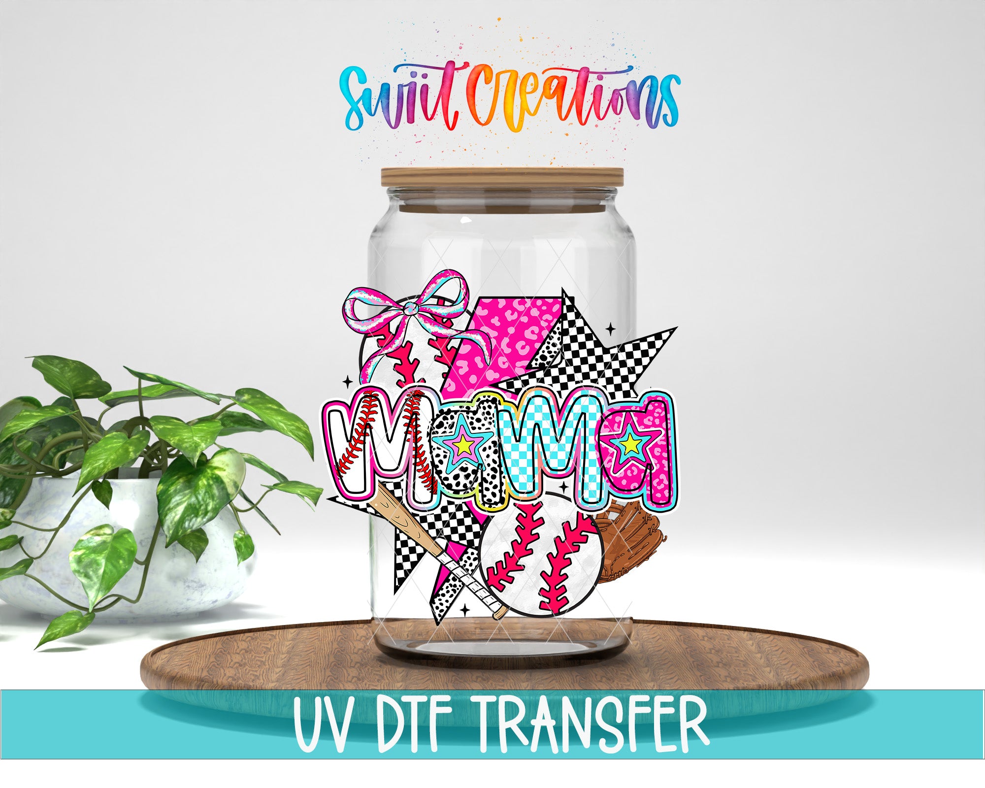 A glass jar with a colorful, hand-drawn design on it, placed on a wooden surface. The jar has a lid and is surrounded by various decorative elements, such as a baseball, a flower, and a star. The text "Swift Creations" is written above the jar, and "UV DFT Transfer" is written below it.