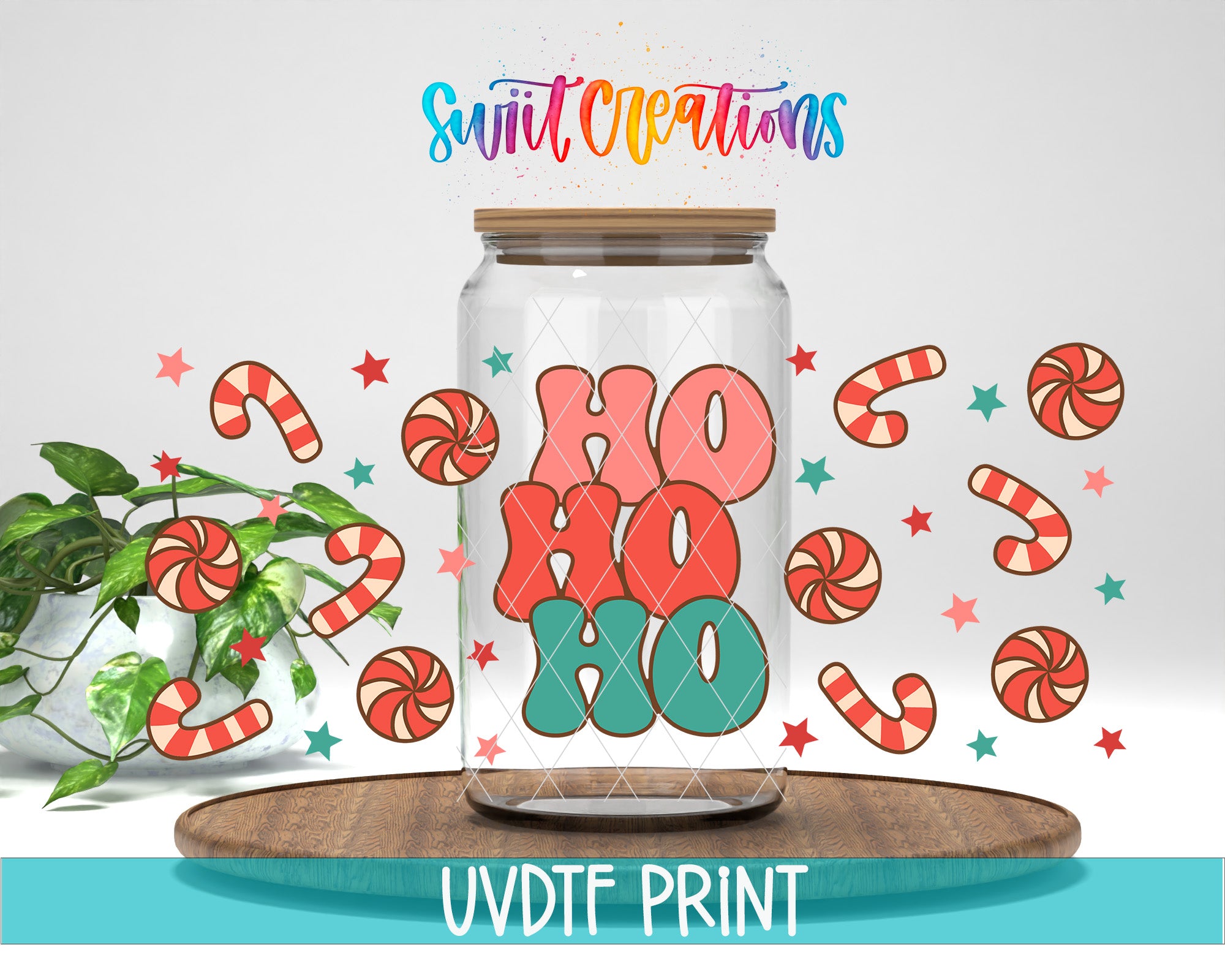 A glass jar filled with colorful candy canes and stars, with the text "HO HO HO" prominently displayed on the jar.